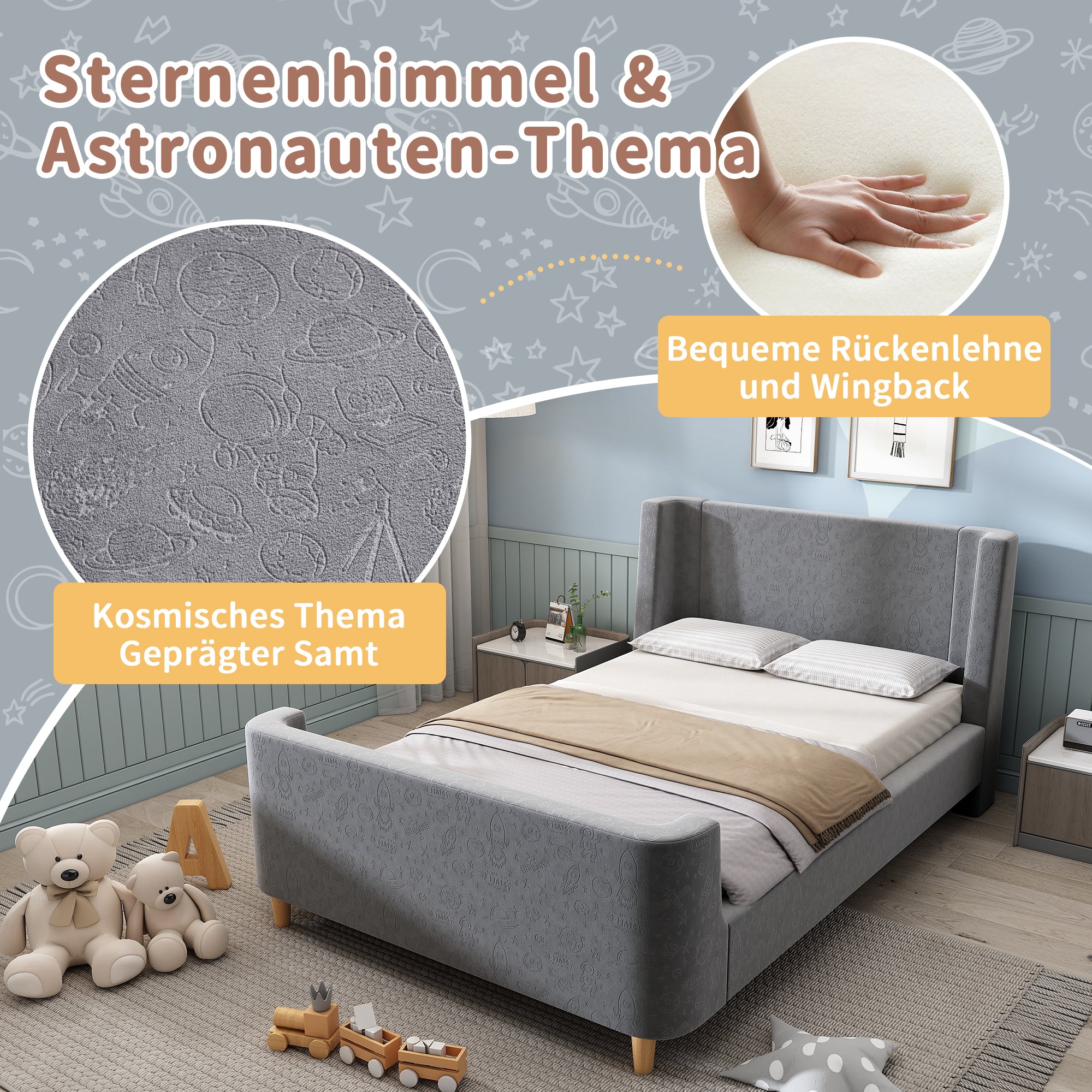 Children's Bed Upholstered Sleigh with Cosmic Pattern, 90x200cm, Grey Velvet