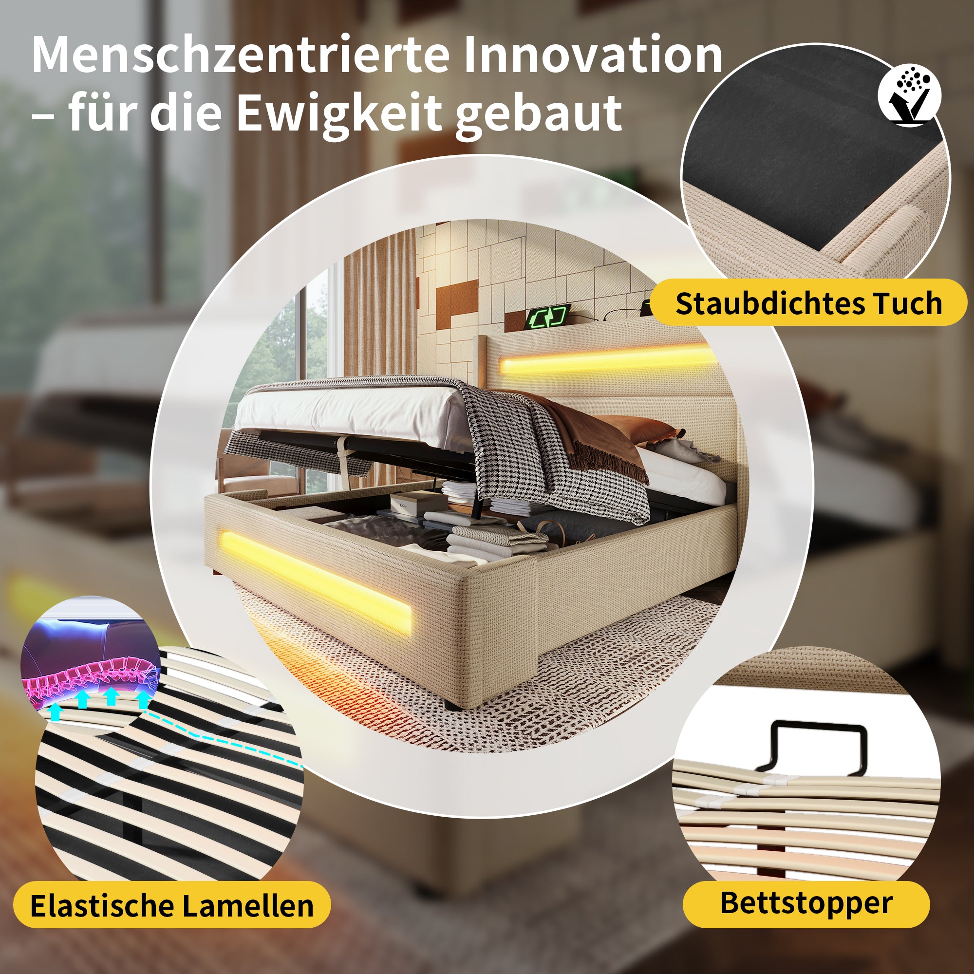 Upholstered Double Bed, 160x200cm LED Hydraulic Storage with USB-C, Beige Linen