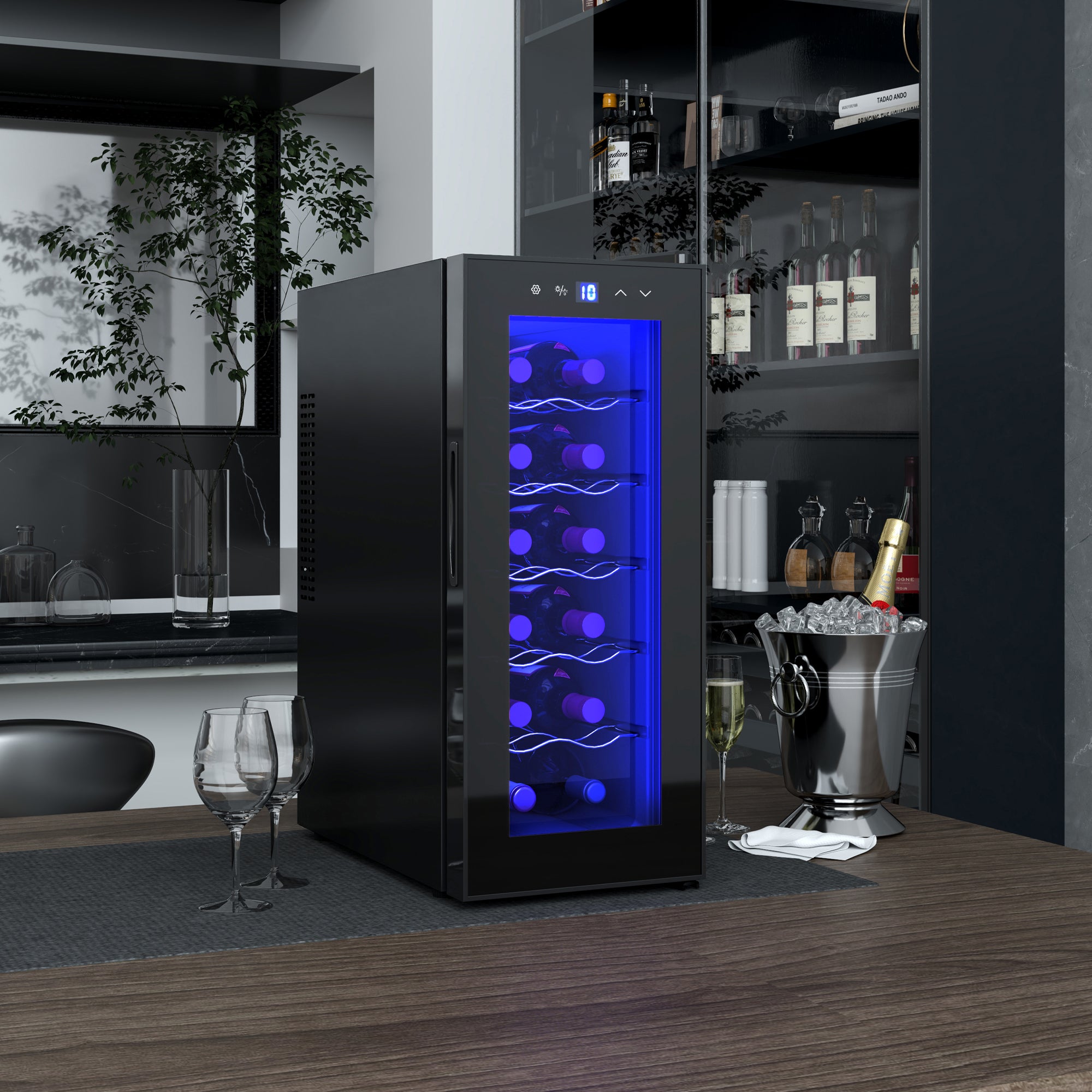 Wine Cooler 12 Bottles 30L 8-18℃ Double Thermoelectric with Glass Door, Beverage Cooler with LED Light, Small Wine Cabinet, Touch Screen, Black