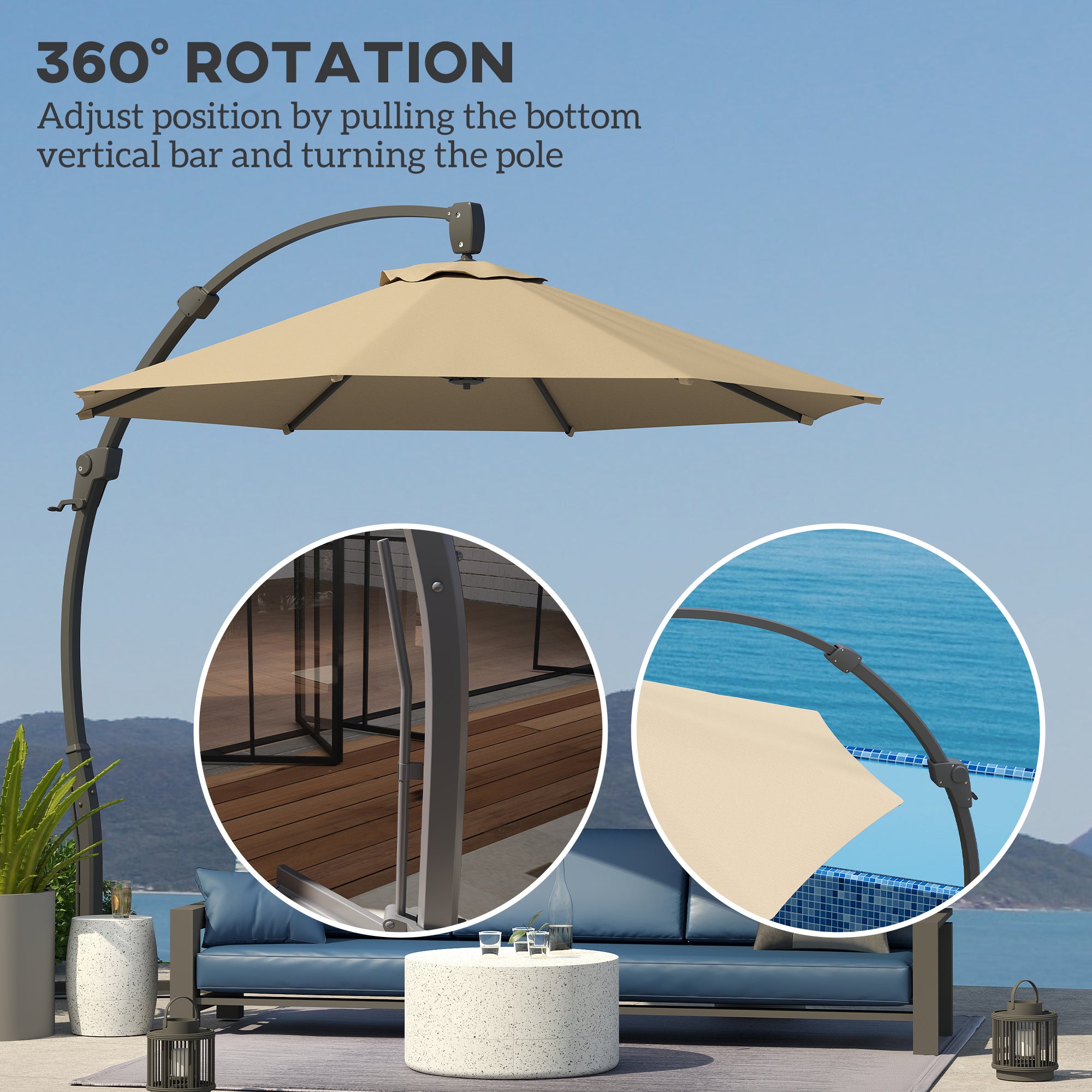 3m Cantilever Parasol, Round Overhanging Umbrella, Crank, 360° Rotation, Khaki