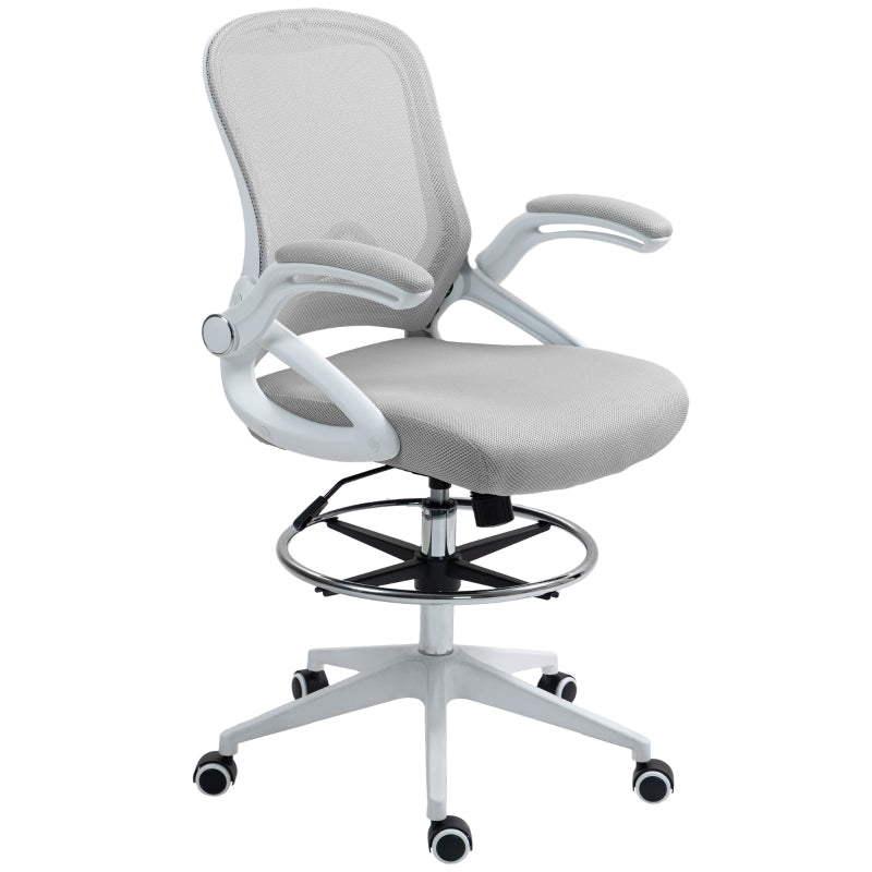 Drafting Chair, Flip-up Armrest Swivel Height Adjustable Mesh Office Stool, Light Grey