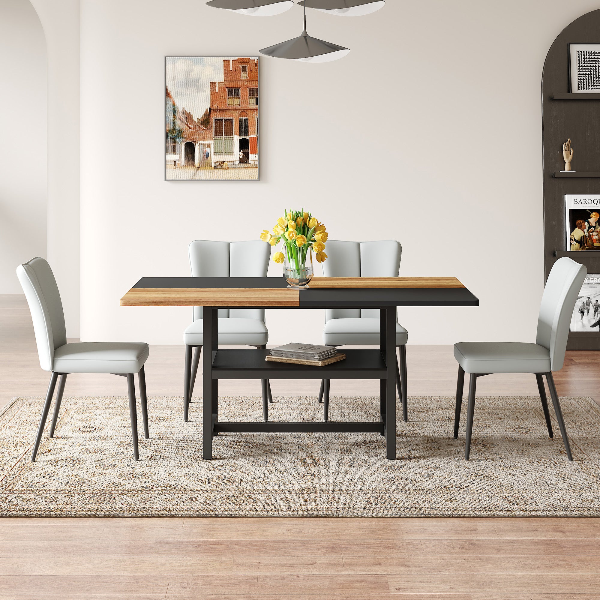 160 cm Dining Table Set with Storage & 4 Modern Chairs, Light Grey PU Leather/Black Metal