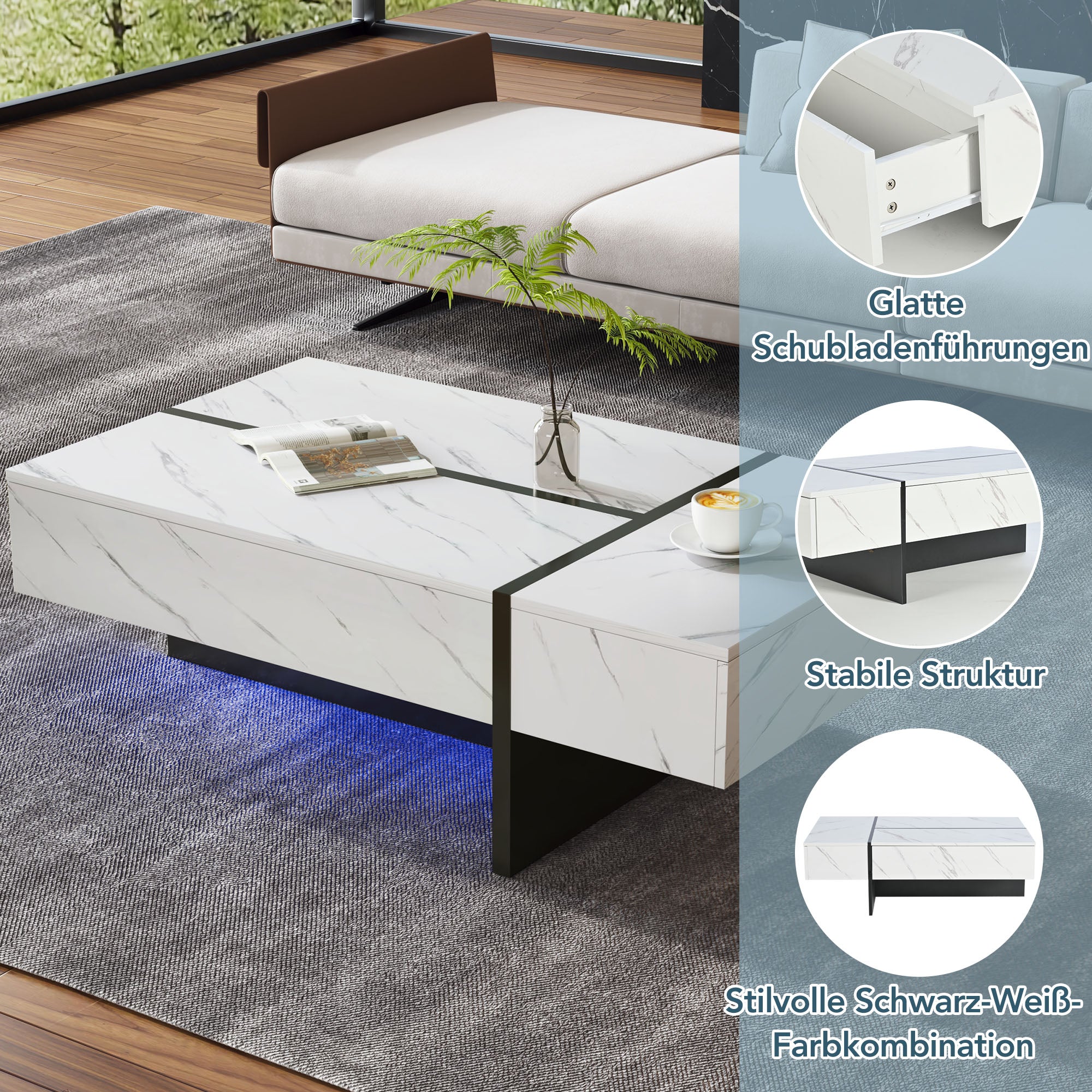 Coffee Table 105x60x35cm Irregular LED High-Gloss Marble - White