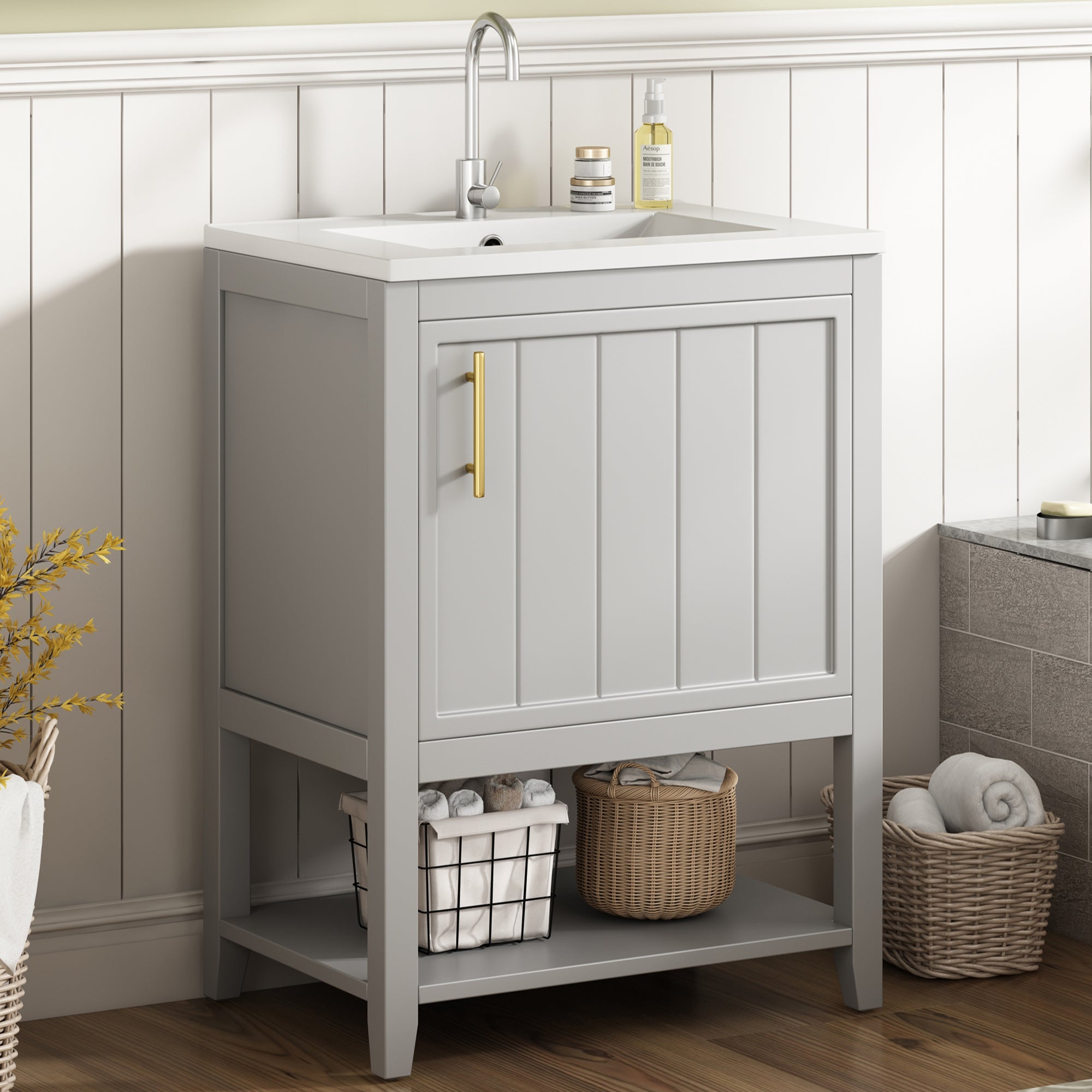 Bathroom Furniture Single Washbasin 60 cm Vanity Unit Ceramic Washbasin, Light Grey