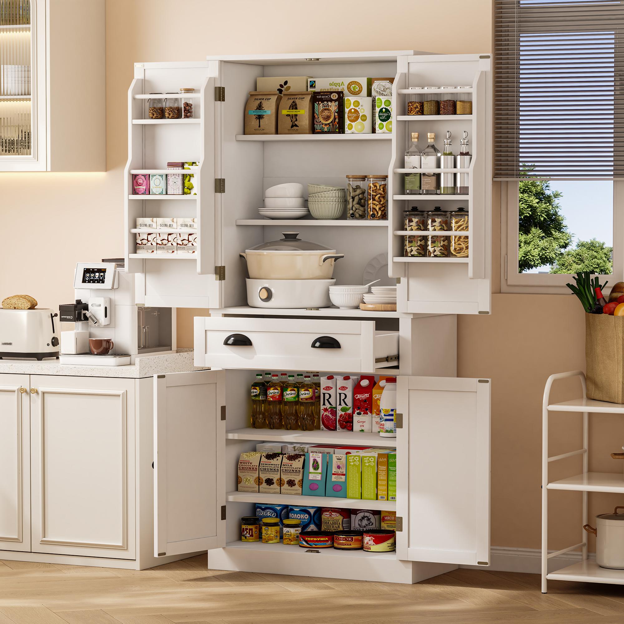 Storage Cabinet with 4 Doors and 1 Drawer, 6 Compartments and 4 Adjustable Shelves, White