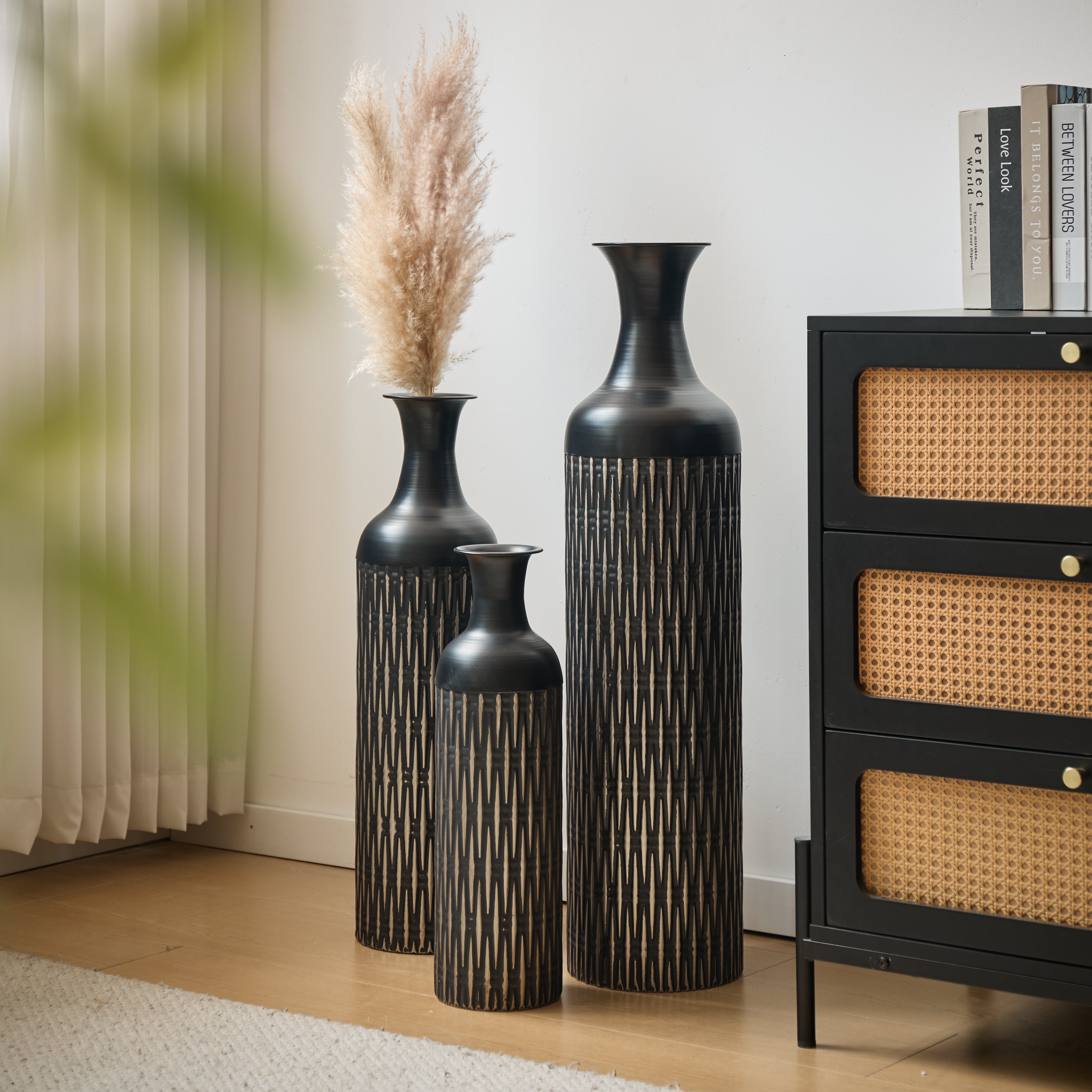 Black Floor Vase Set, 83/65/50cm High 3-Piece Retro Decorative, Metal