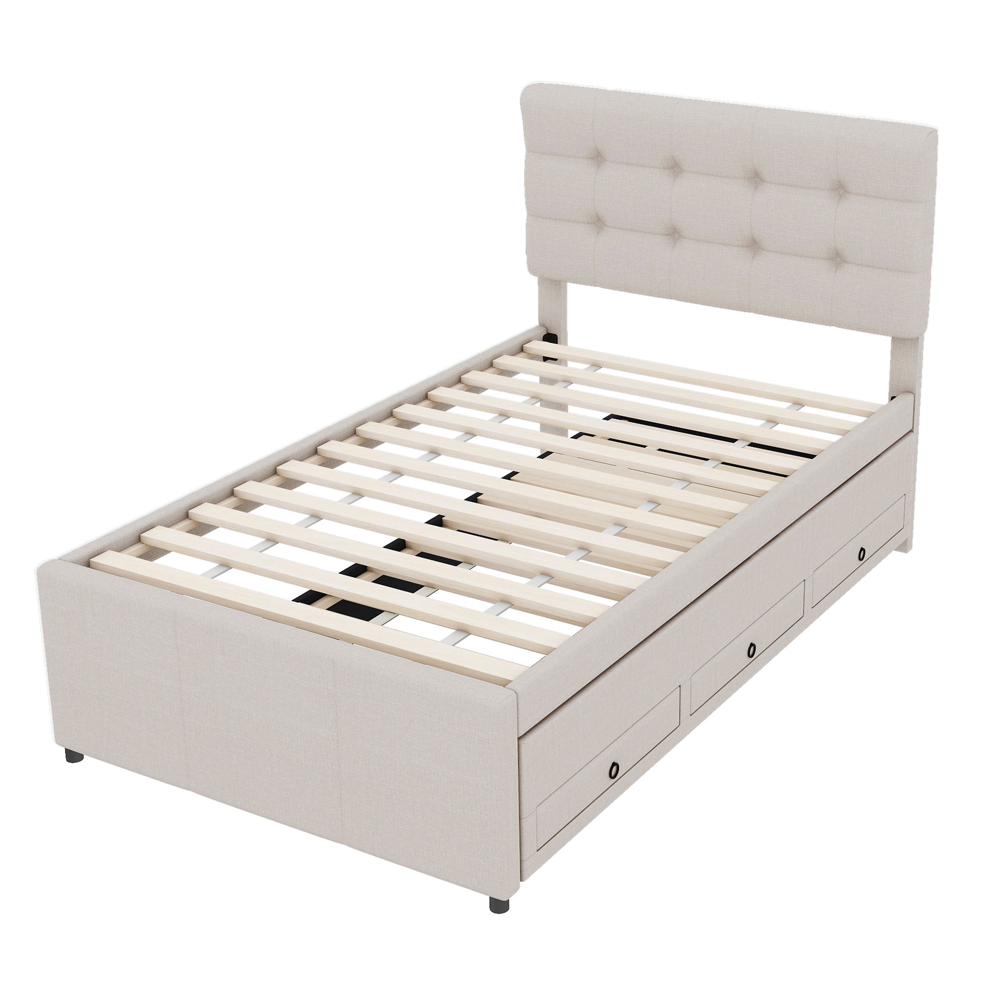 Upholstered Bed 90x200cm with 3 Drawers, Pull-out Trundle Bed, Adjustable Headboard, Beige