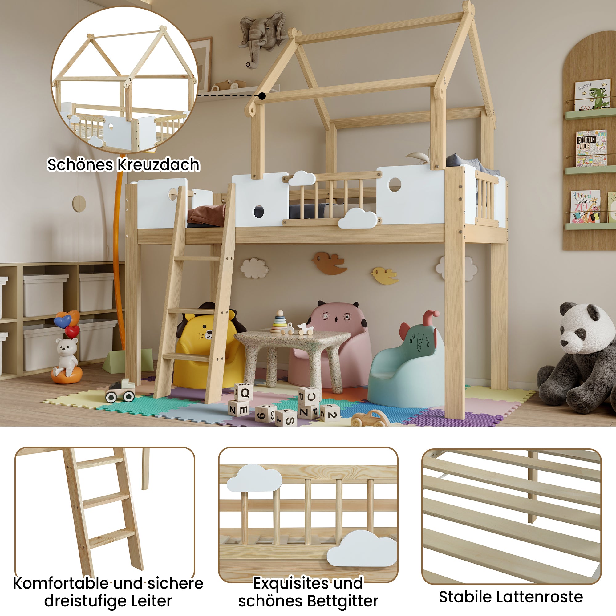 Loft Bed, Children's with Fall Protection & Rails, Roof Design, 3-Step Ladder, Pine+MDF+Plywood, White+Natural