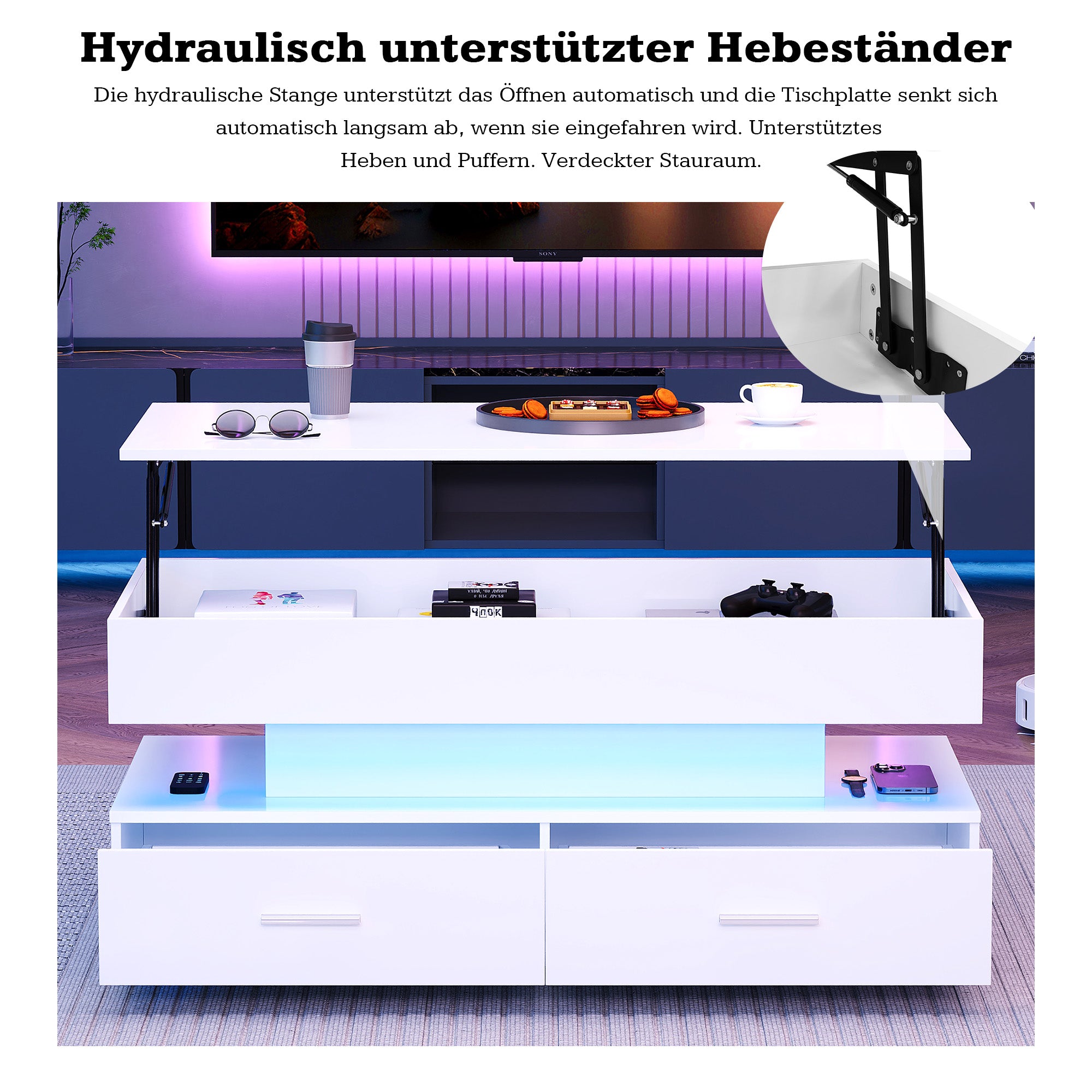 Hydraulic Height-Adjustable Coffee Table, LED Lighting, Bluetooth Control, 2 Drawers, White