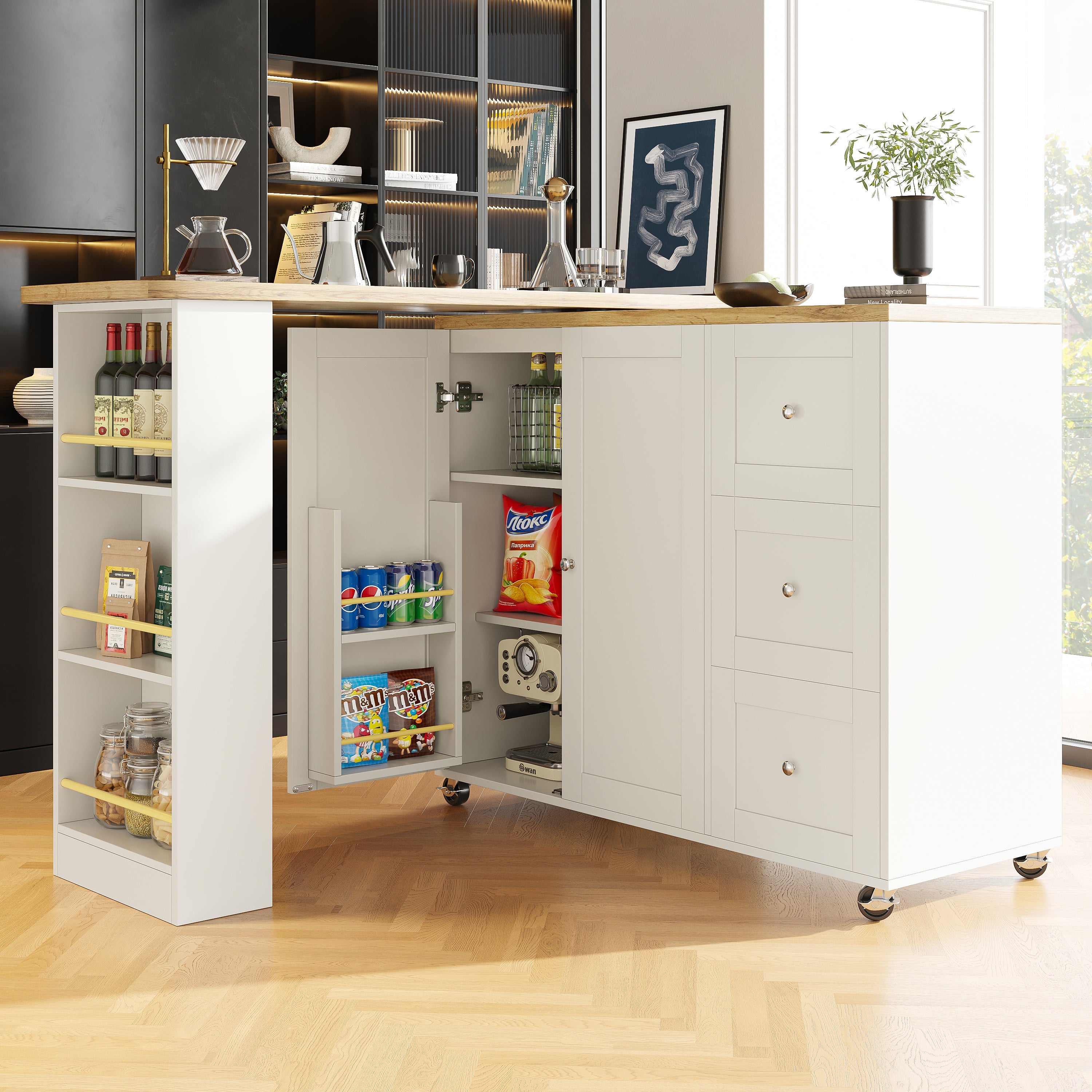 Dining Table 360° Swivelling, Bar Table, Storage Island with Drawers & Snack Rack, White