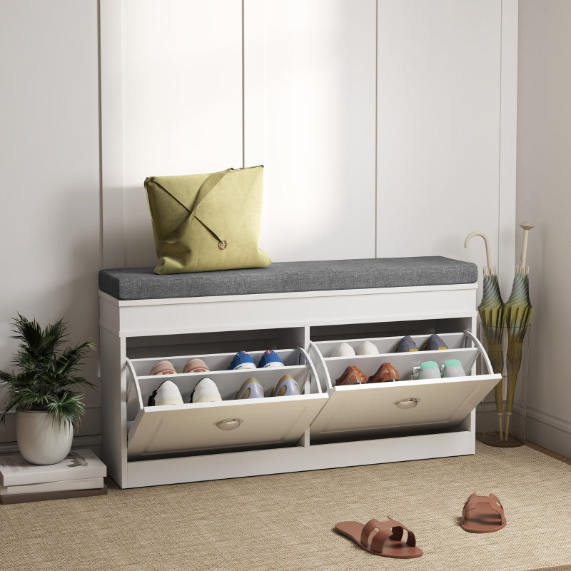 Shoe Storage Bench with Flip Drawers, Seat Cushion, Adjustable Shelf, White