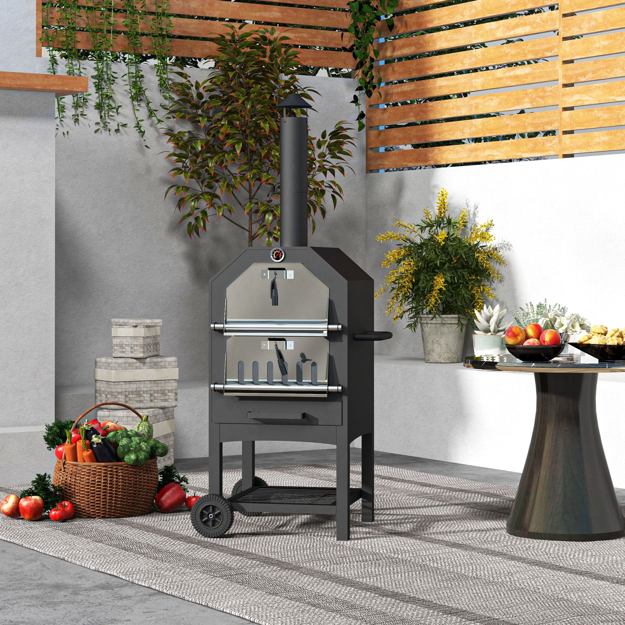 Outdoor Pizza Oven & BBQ Grill, 3-Tier Charcoal Steel, Black