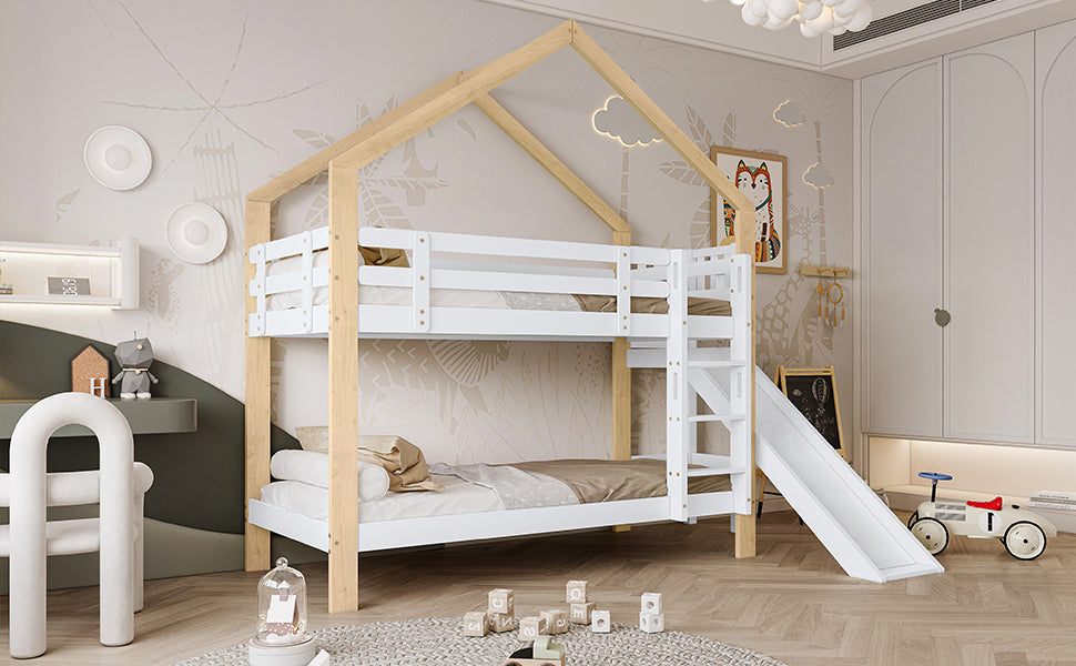 Bunk bed with slide, three-step angled ladder, safety guard, solid wood, white and natural, 90x200cm