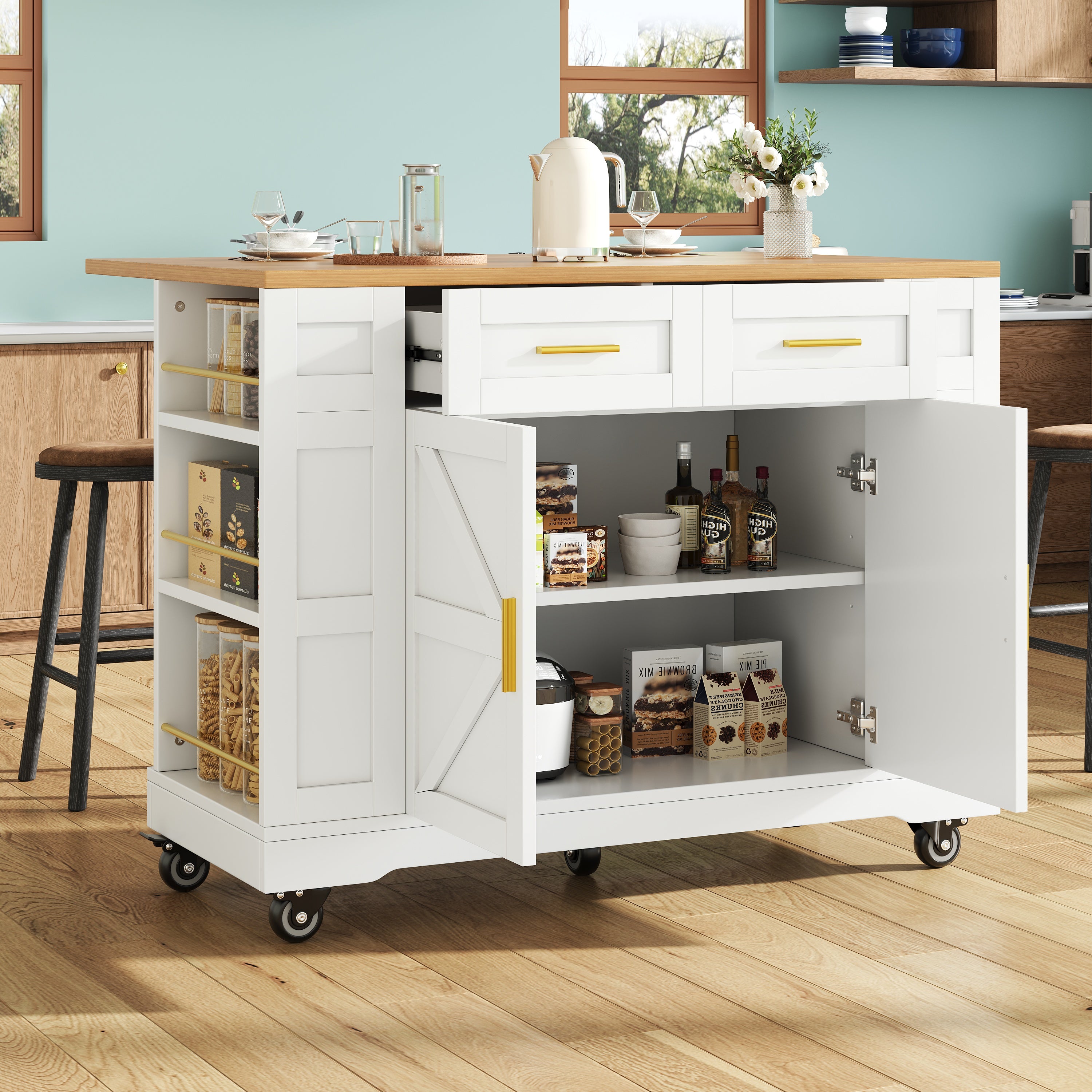 Kitchen Island Extendable Dining Table Storage Wood Grain - White