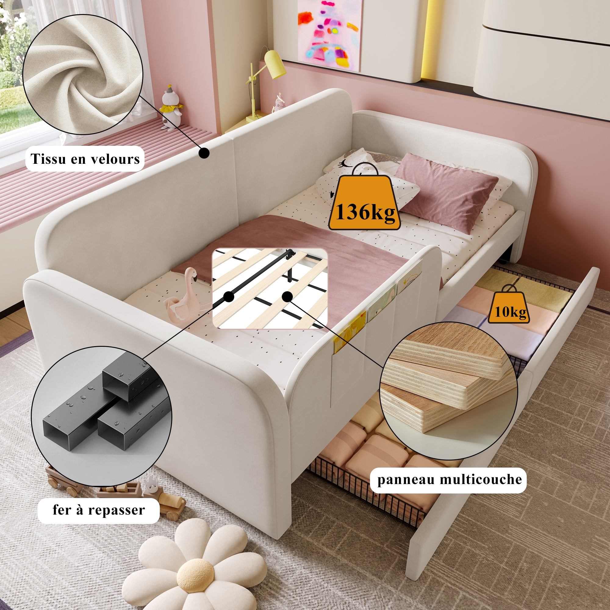 Children's Spliced Bed Upholstered Daybed Sofa Storage Drawers 90x200cm, White Velvet