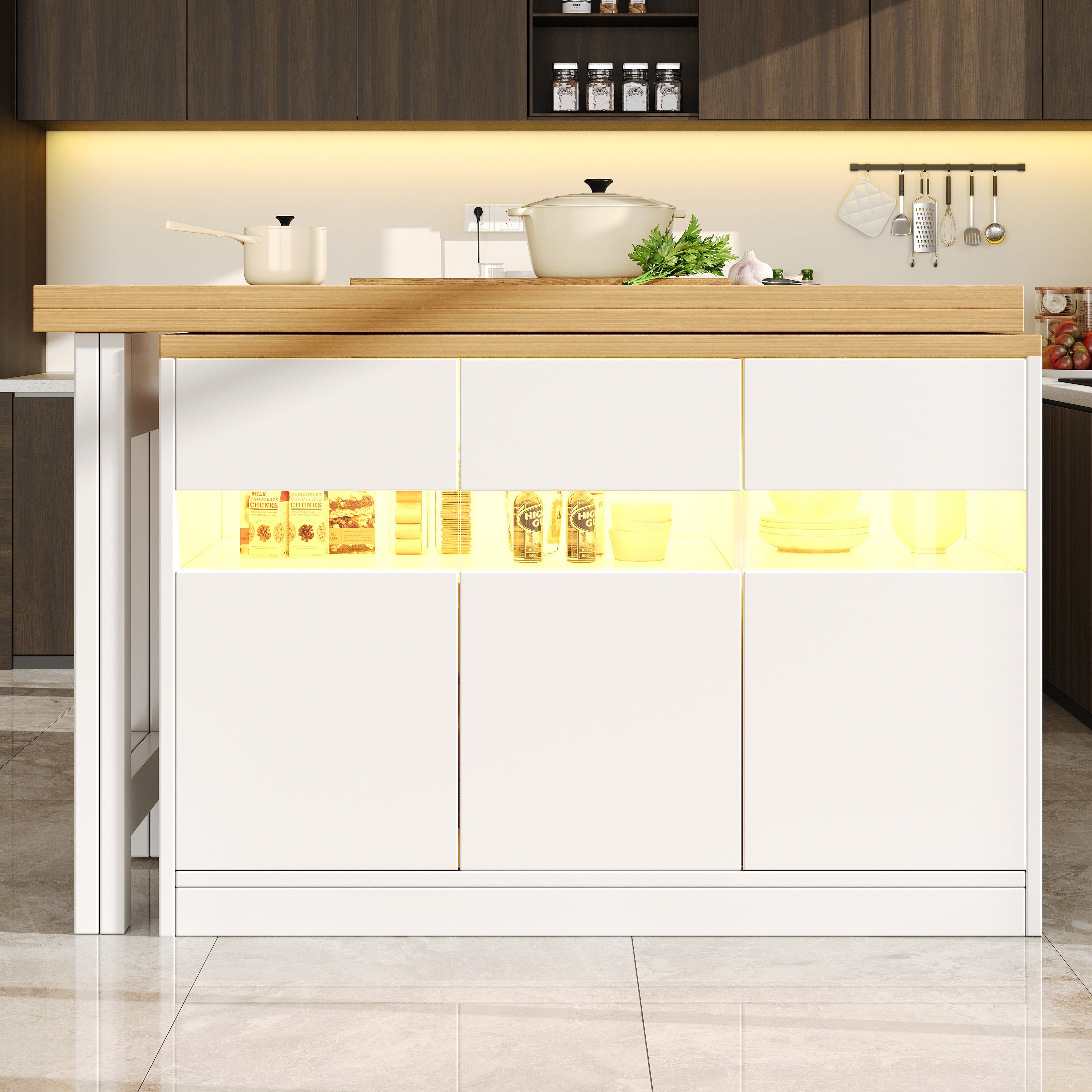 Extendable Bar Table with LED Lighting and 360° Swivel, 120-180cm Adjustable Length, White