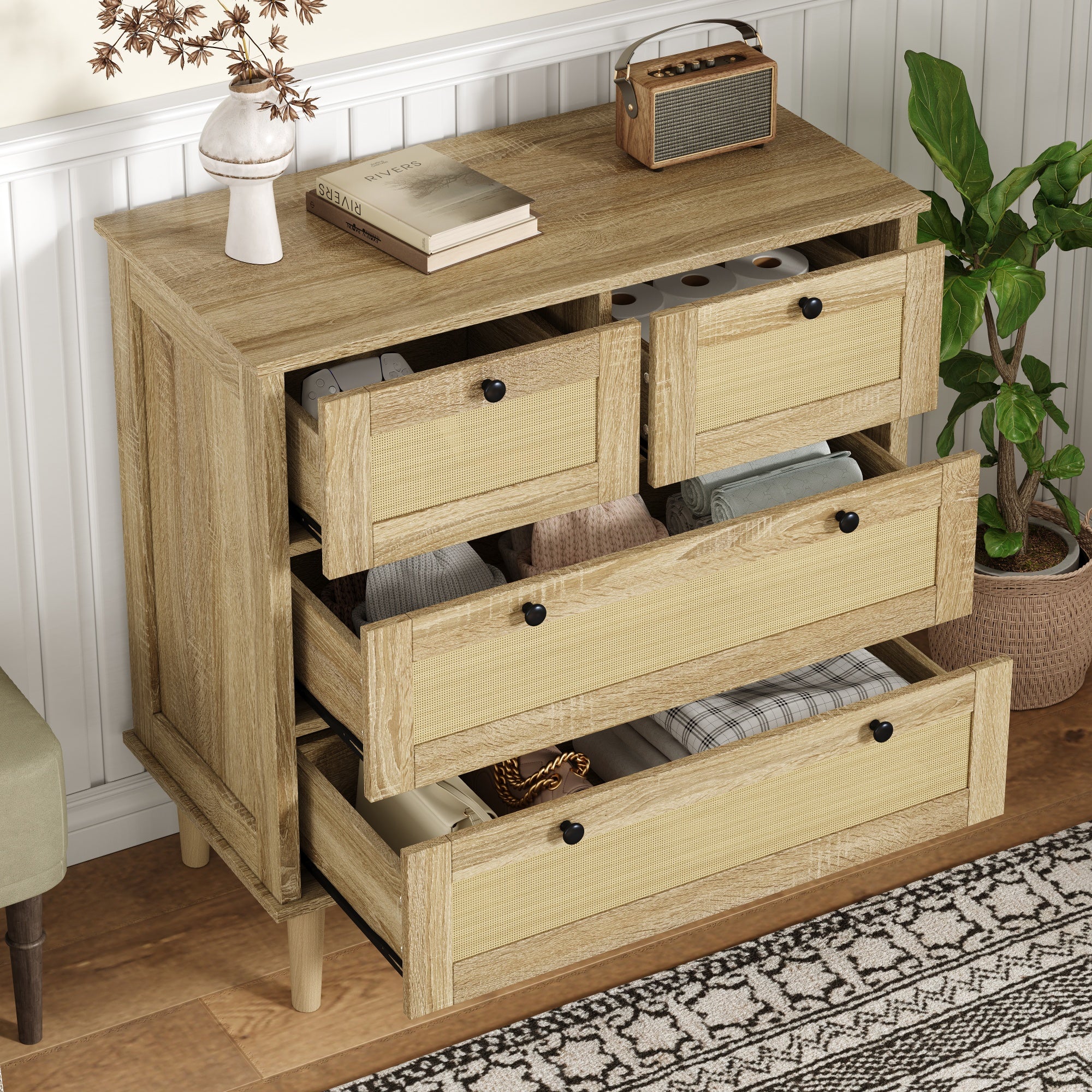 Chest of drawers with four drawers, rattan, solid wood