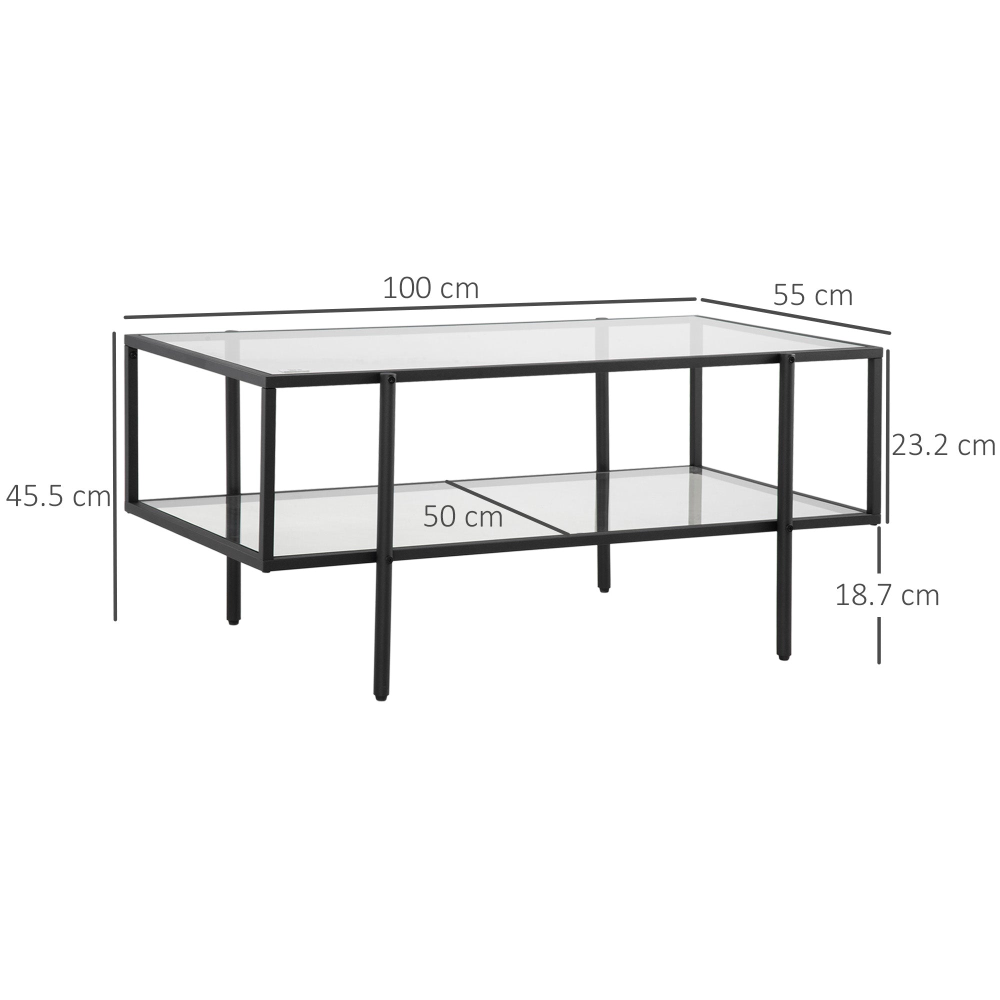 Side Table/Coffee Table 3 Shelves Black Steel Frame Glass