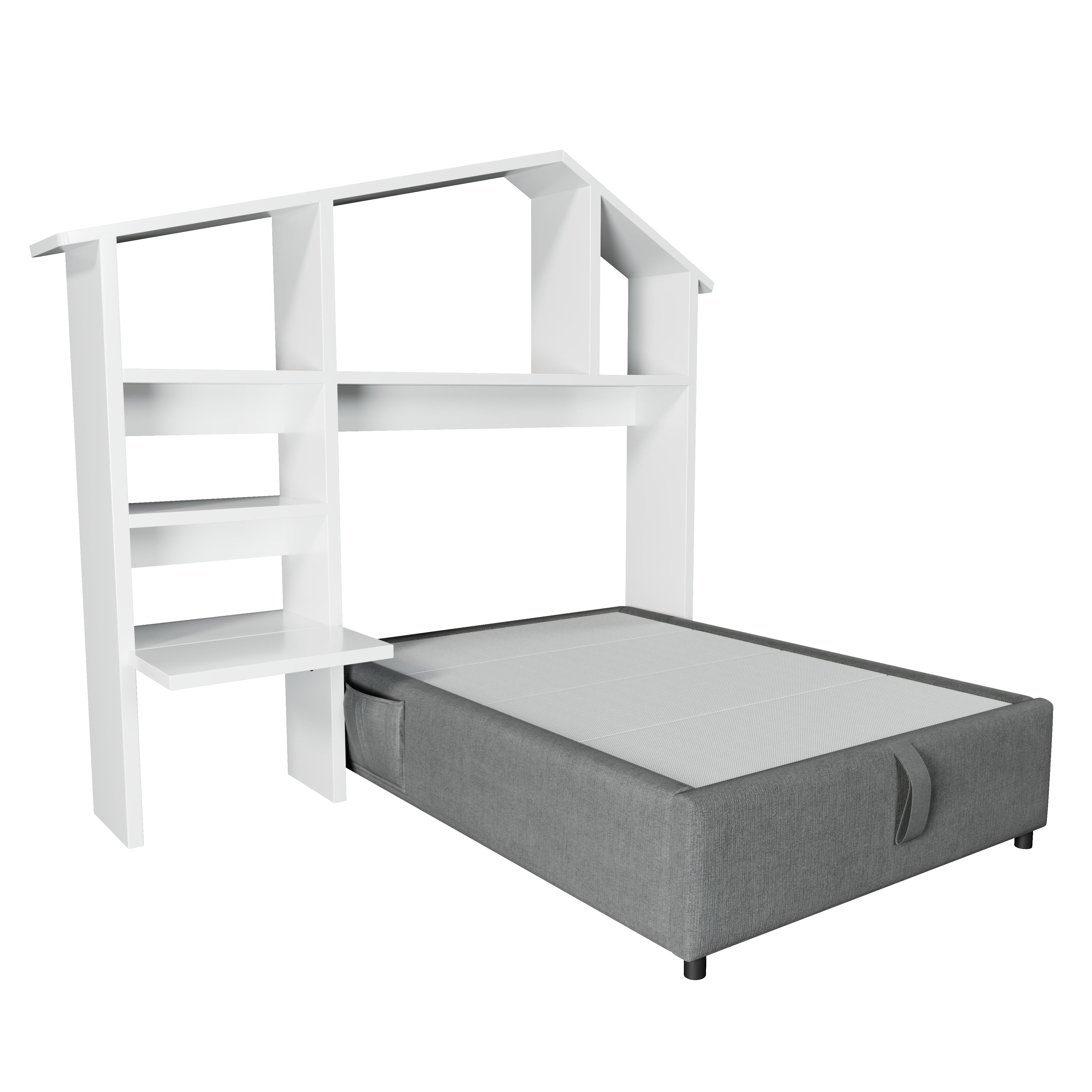 Children's Upholstered Bed, 90x200 cm, with Bookcase, Hydraulic Storage, USB-C, Single, Grey Linen