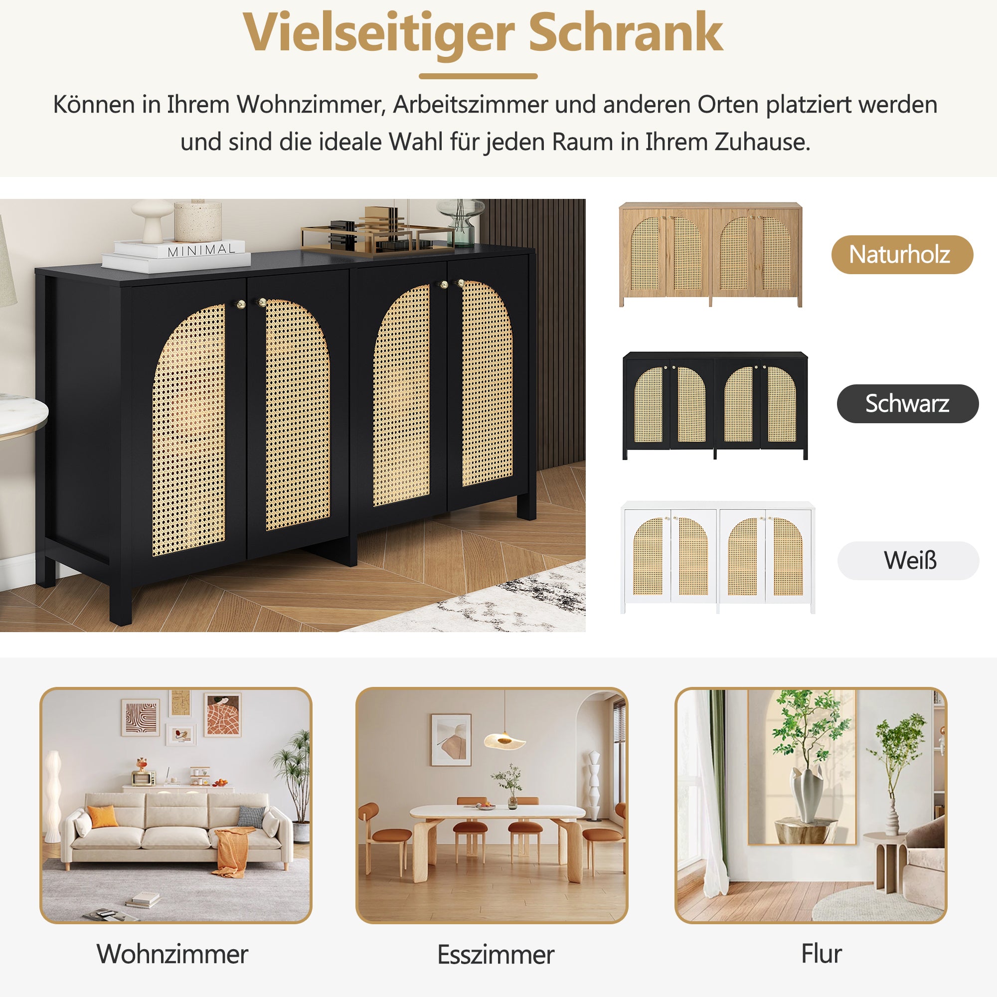 Sideboard, Minimalist with 4 Rattan Doors & Metal Handles, Black