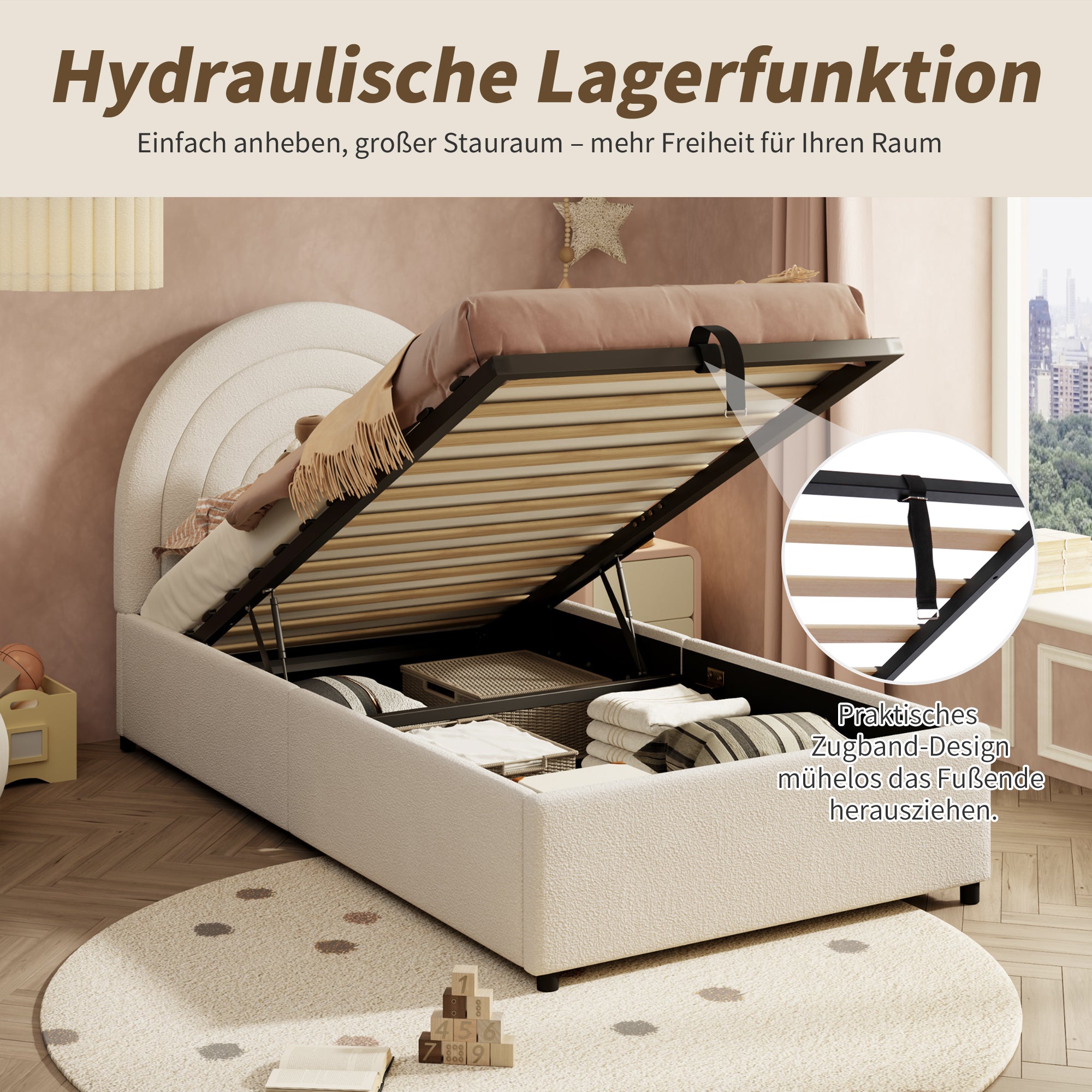 Upholstered Single Bed 90x200 with Slatted Base and Headboard, Beige Bouclé