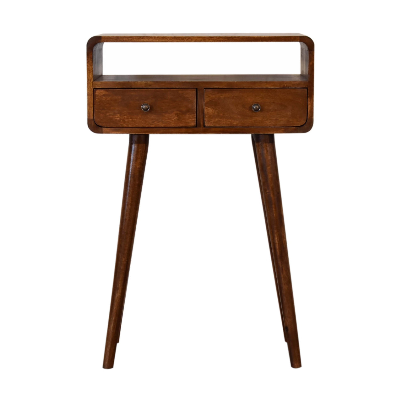 Solid Wood Mini Console Table, 2 Drawers and Open Slot, Dark Brown