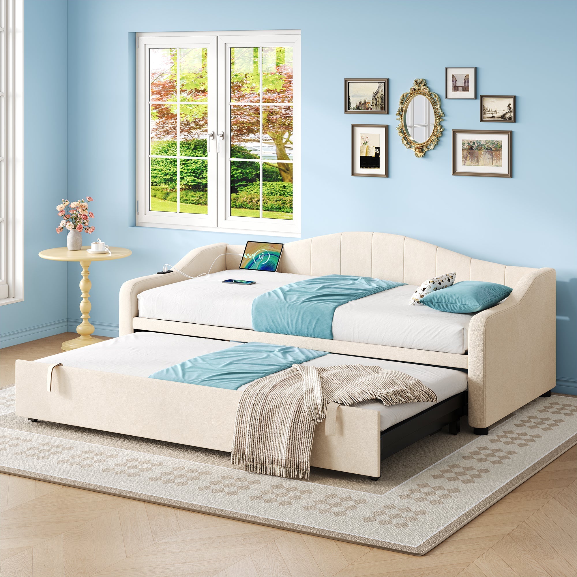 Upholstered Bed 90x190cm Daybed Sofa Bed with Charging Station, 3ft Single Velvet Bed with USB and Type-C Ports, Pull Out Trundle Bed, Beige