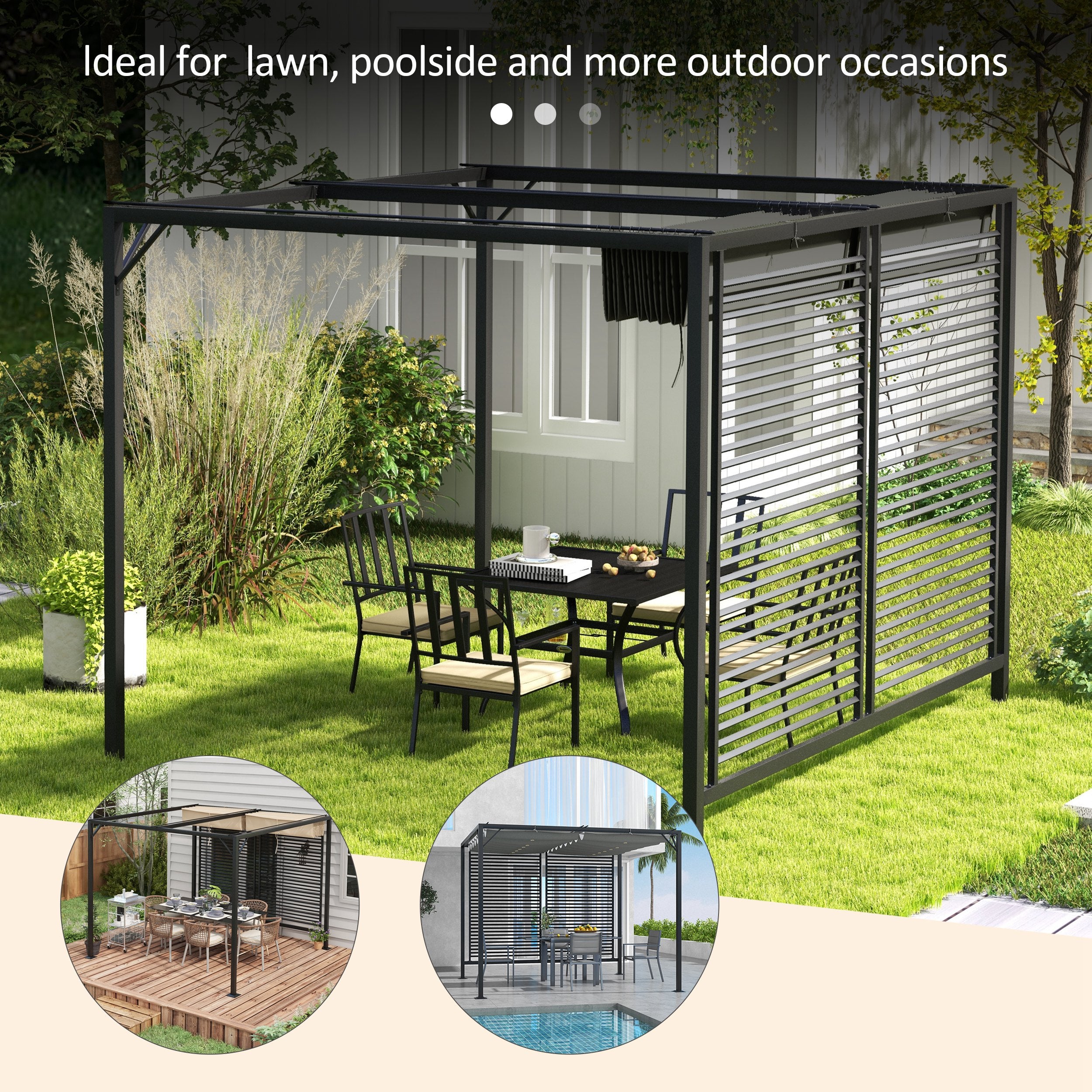 Metal Pergola 3x2.8m Retractable Fabric Roof Grey