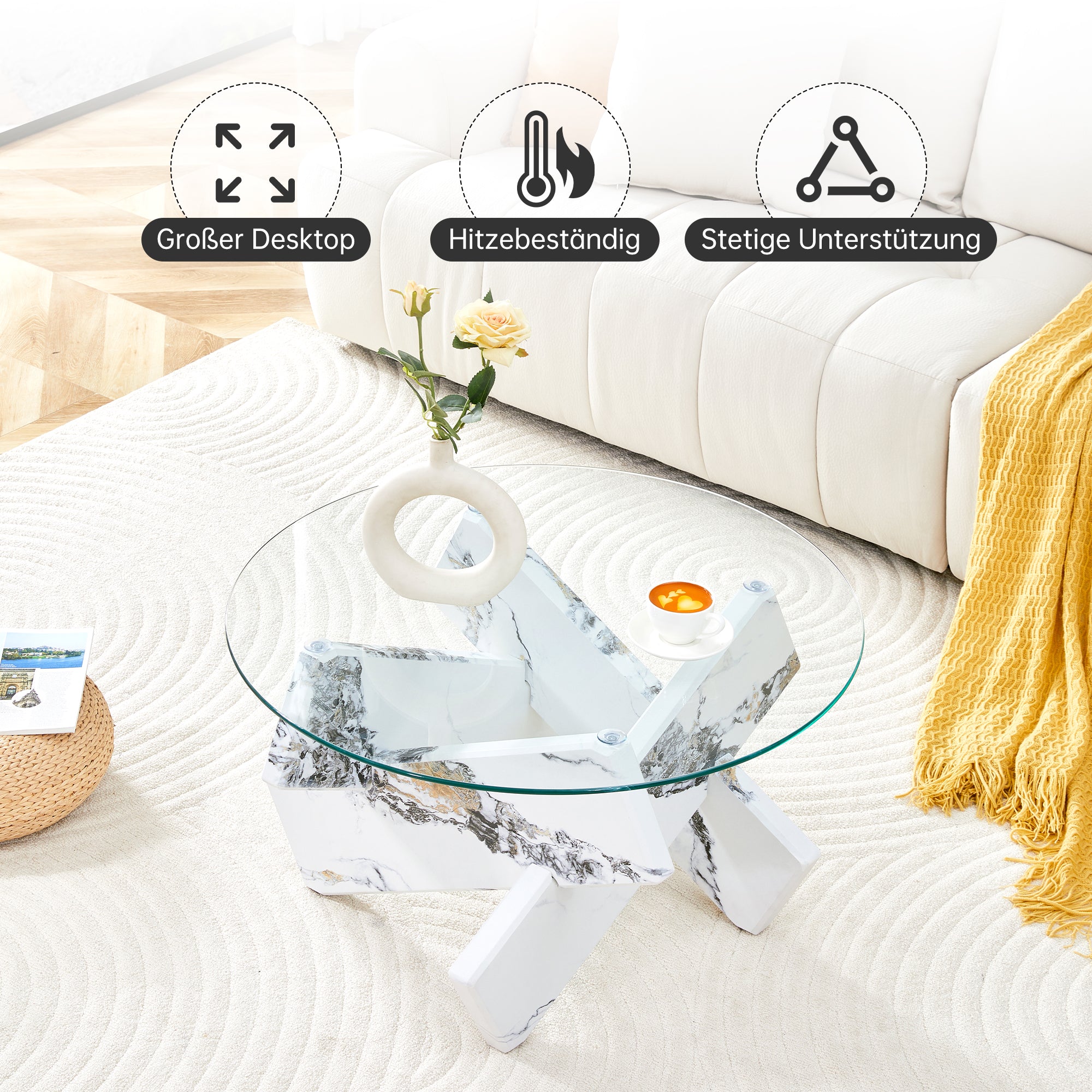 Round Coffee Table Glass Top 79cm Marble Look Legs - Multi-color