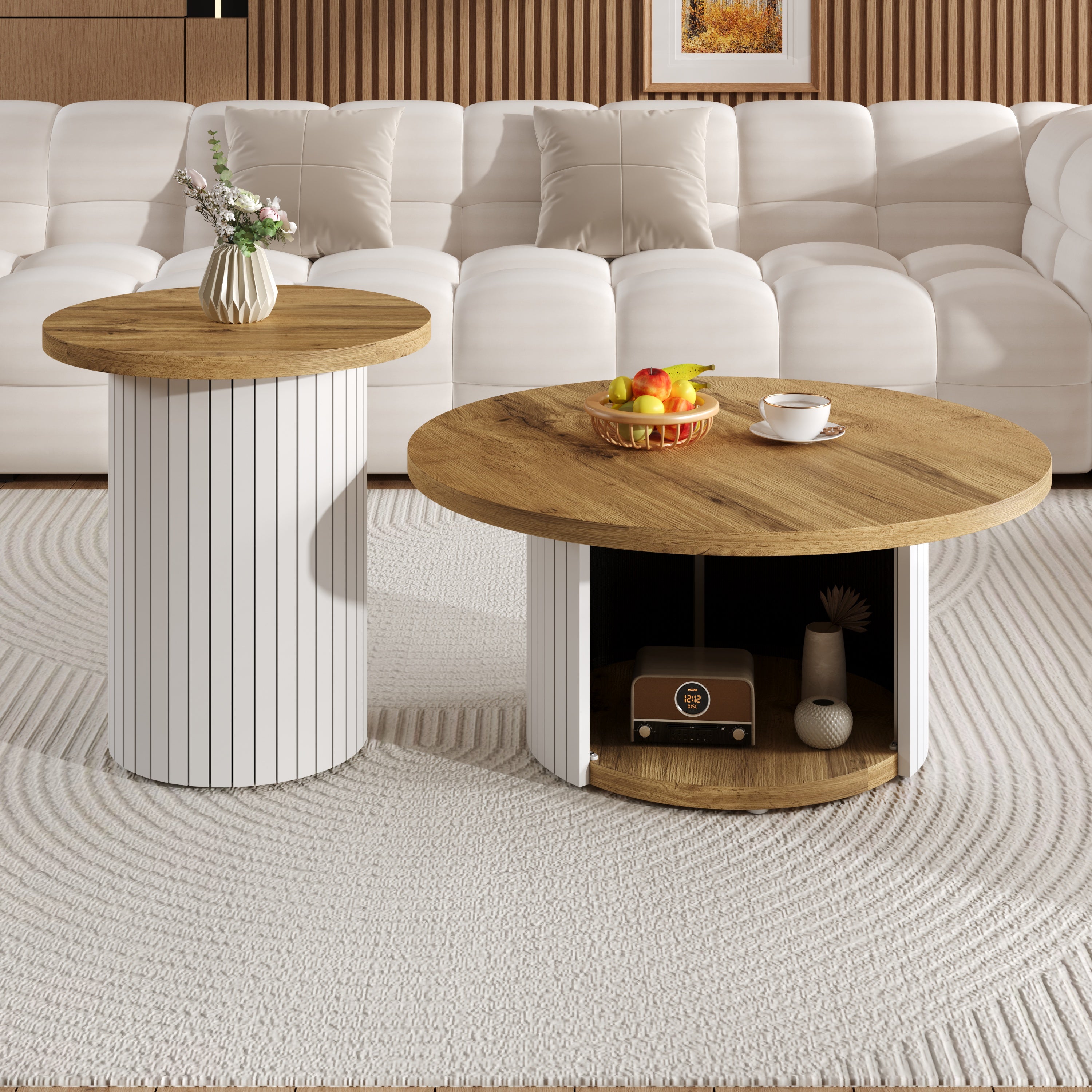 Coffee Table Double Round Multifunctional Natural Wood Slats