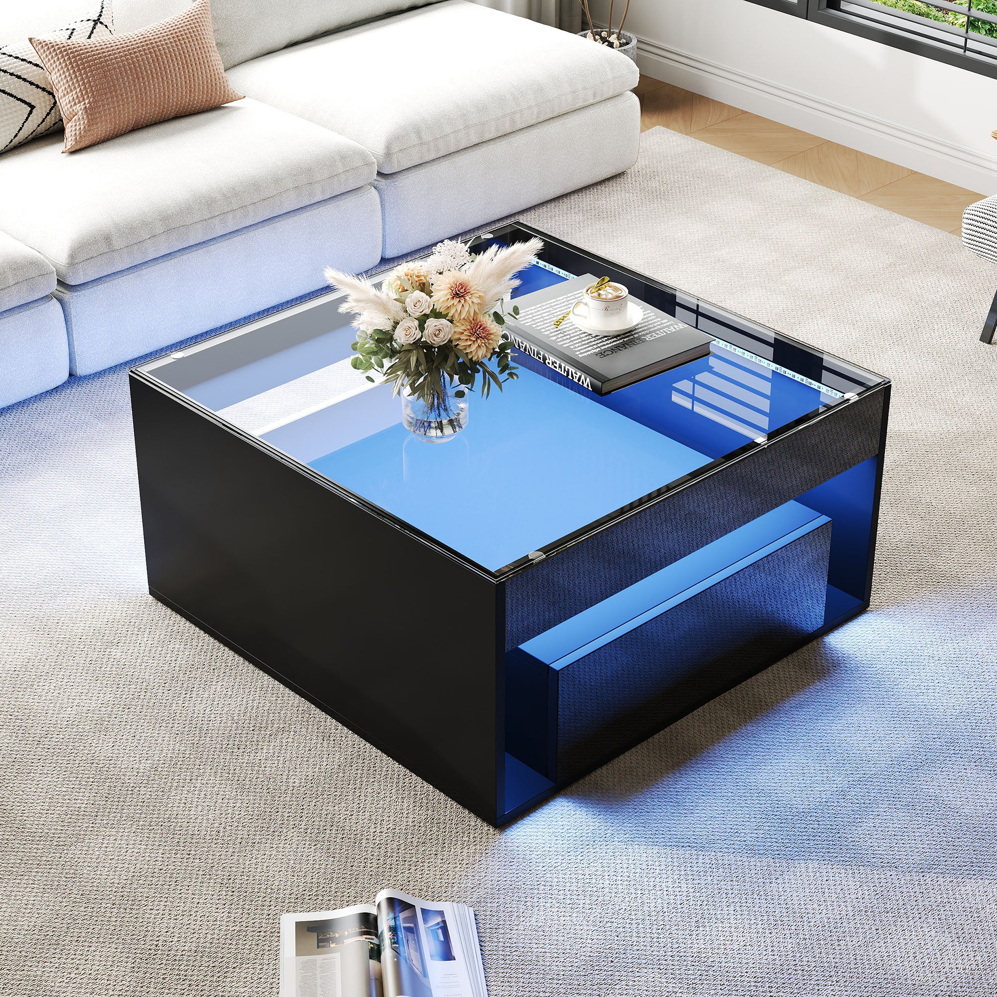 Coffee Table with 2 Drawers and LED Tempered Glass Top, High Gloss Black