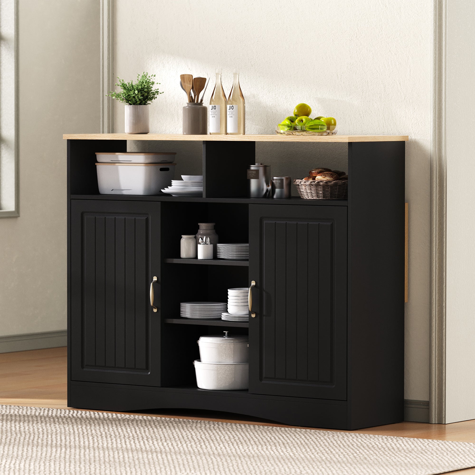 Kitchen Island Sideboard Extendable Dining Area Ample Storage Black