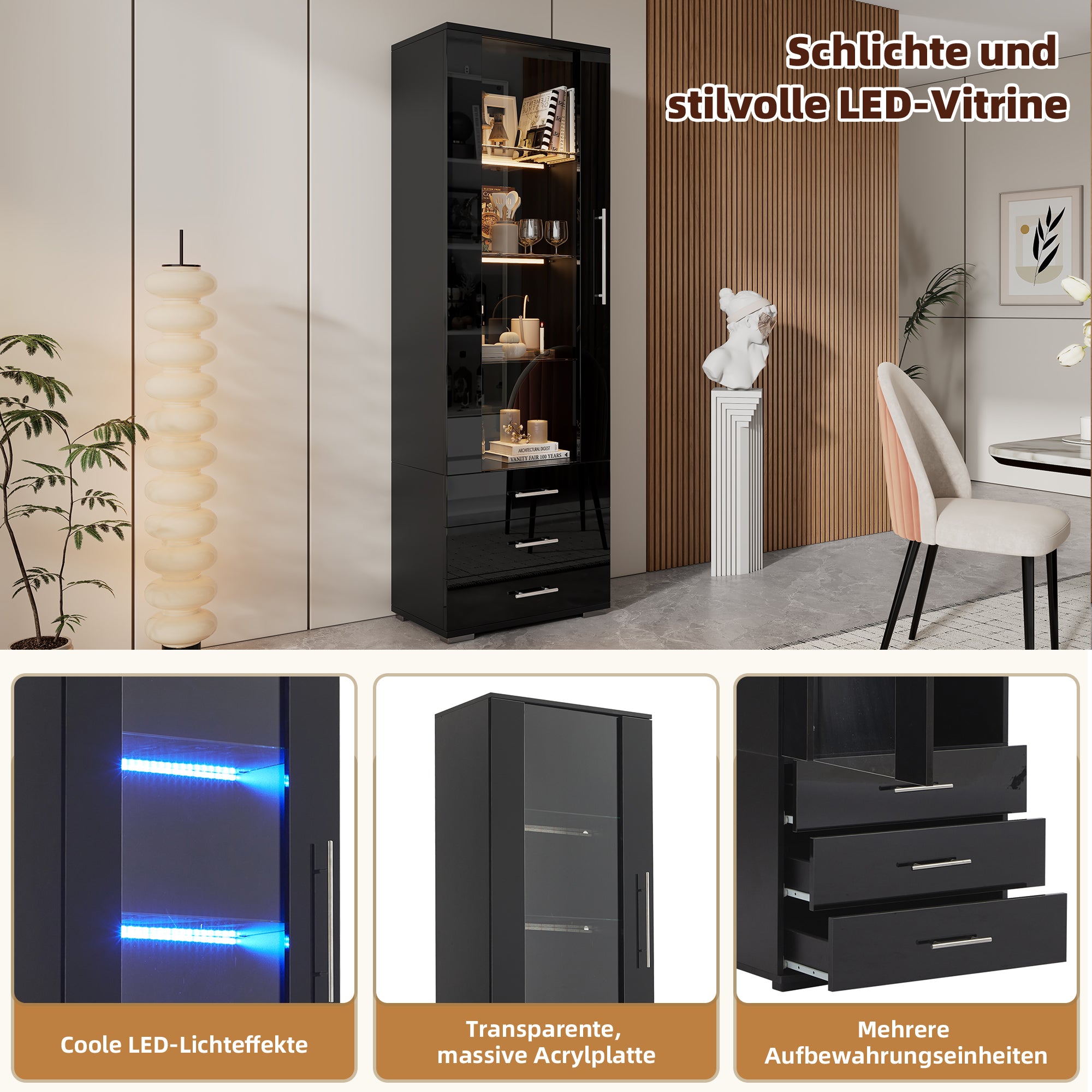 Display Cabinet, Vertical Freestanding LED 3 Drawers 60x35x180cm, Black High-Gloss Glass