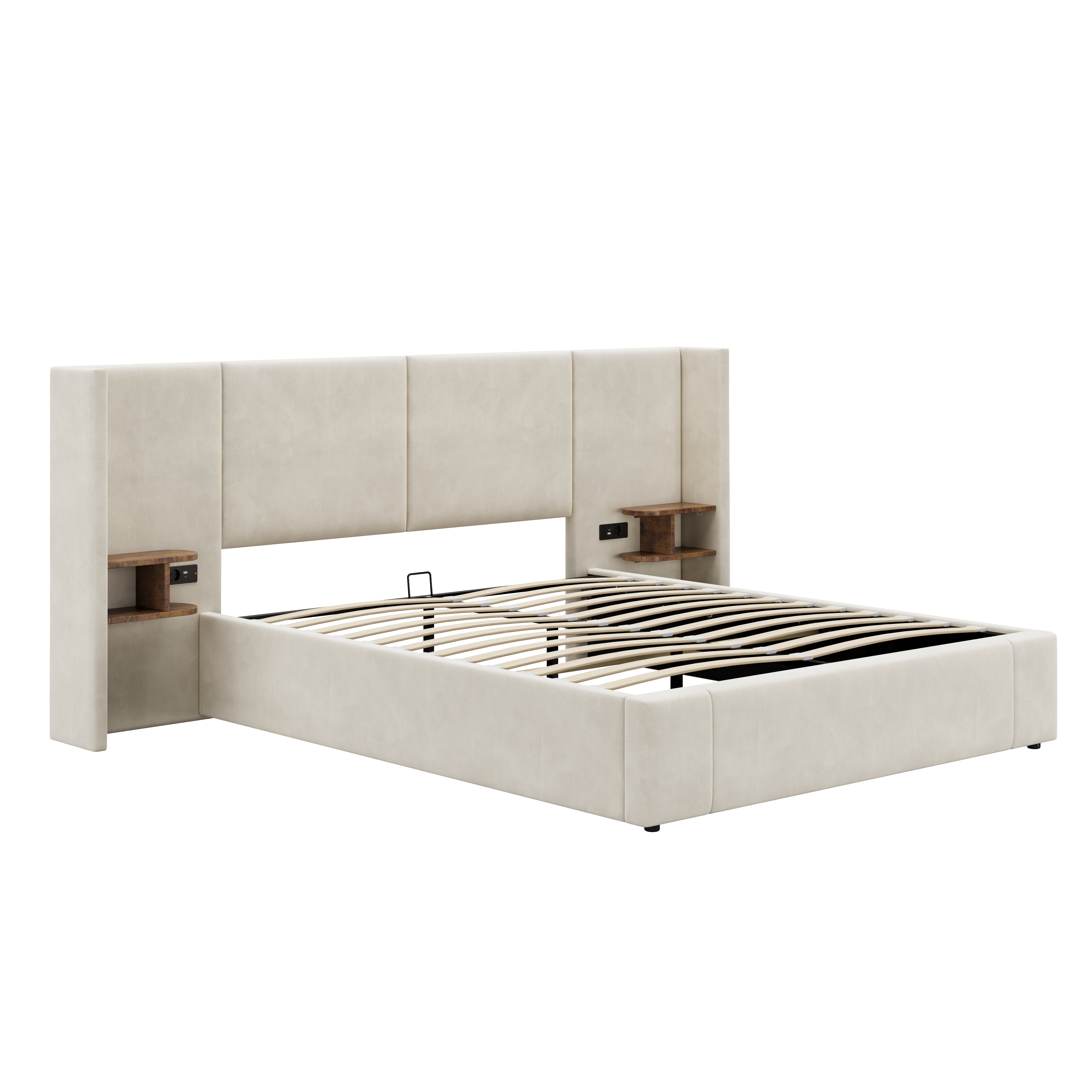 Upholstered Storage Bed with Hydraulic Lift, USB Charging & Two Bedside Tables, Beige