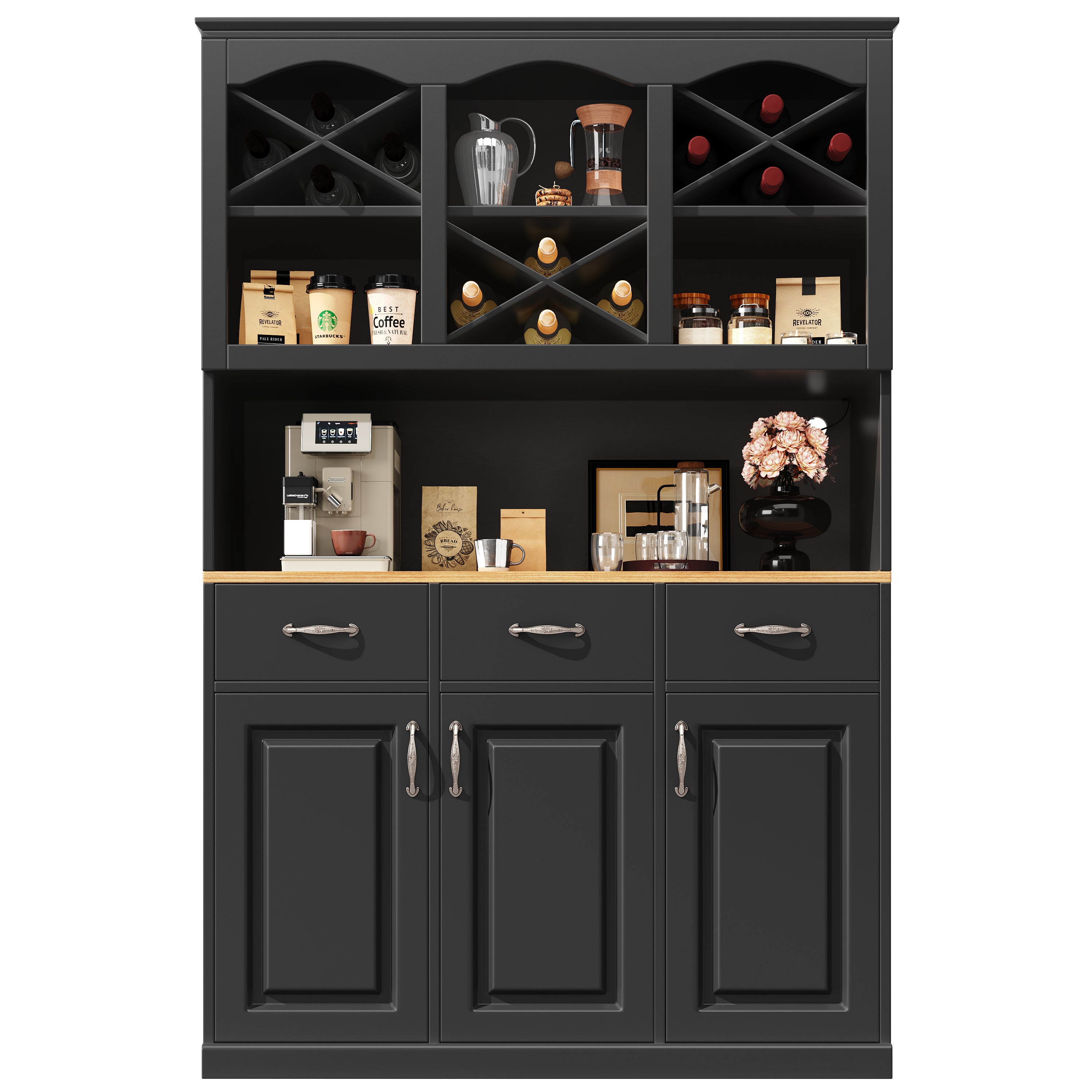 Kitchen Cabinet Tall Buffet 120cm 3 Doors 3 Drawers LED Black