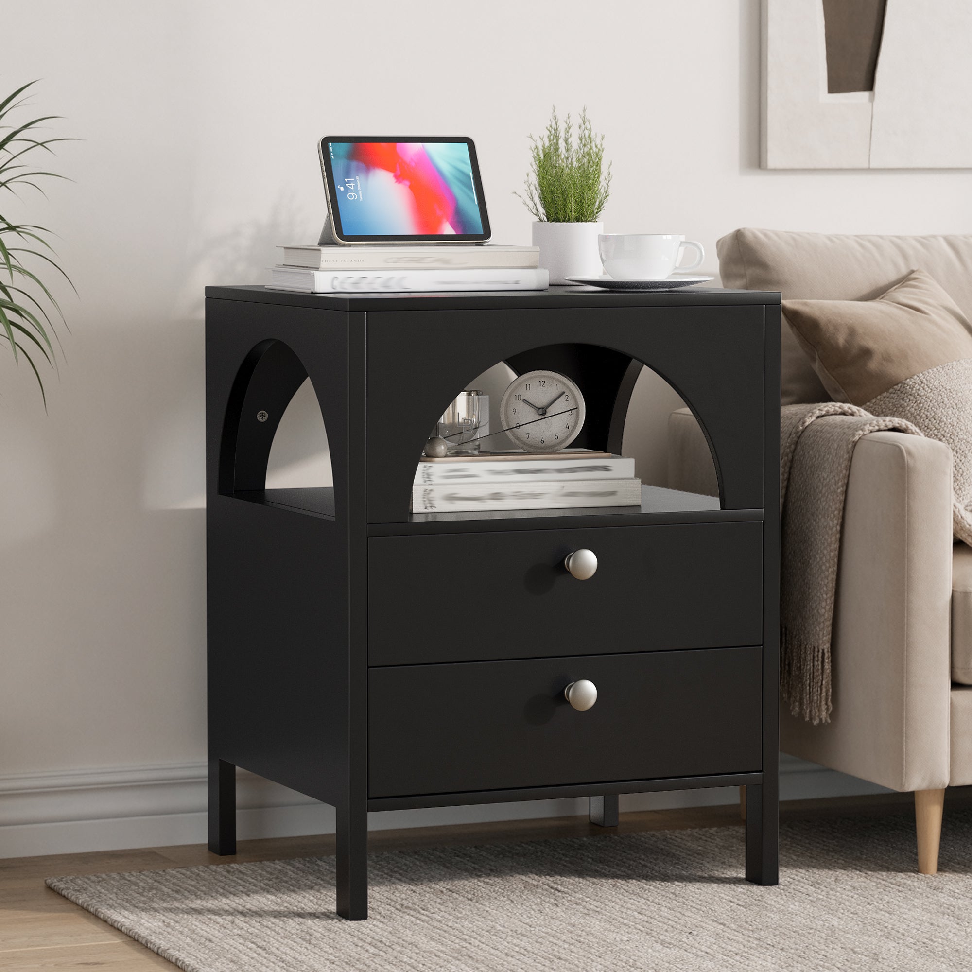 Bedside Table Modern 2 Drawers 1 Open Compartment 45x40x58cm Black