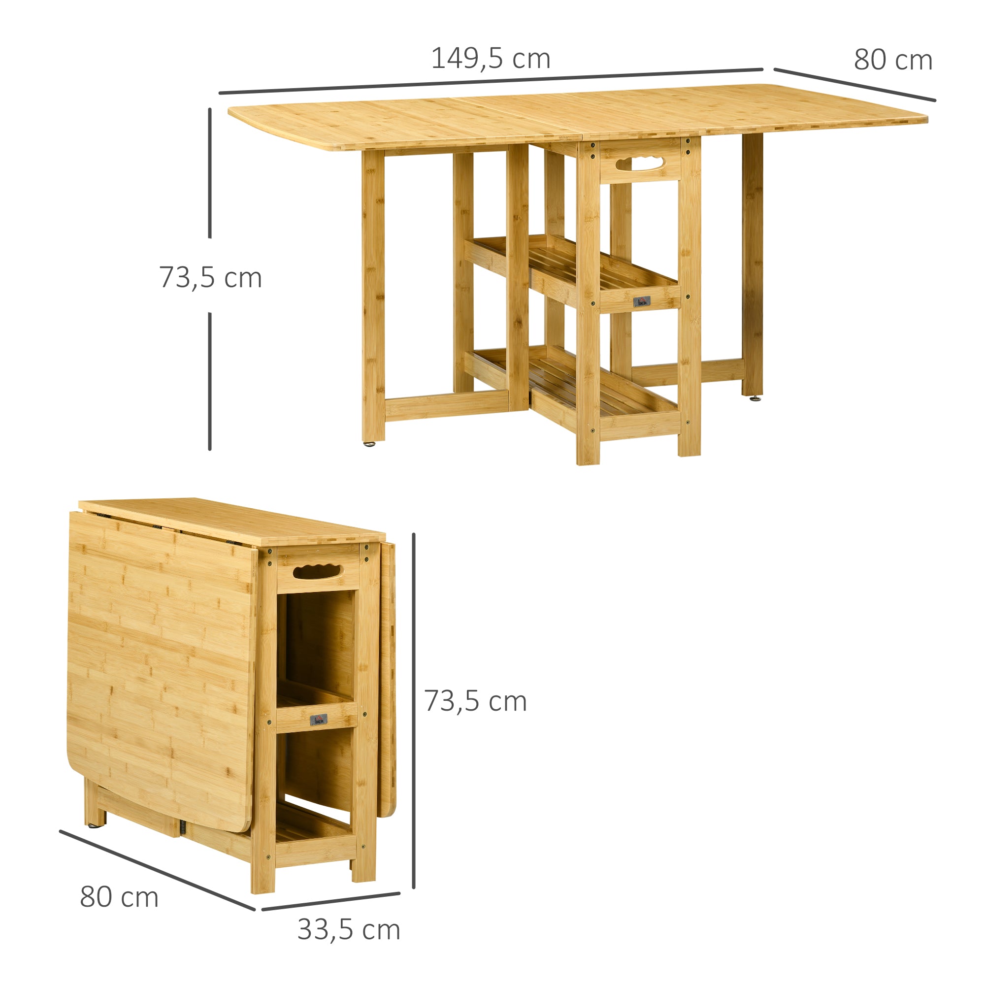 Dining Table Folding Storage Adjustable Legs 149.5x80x73.5cm, Bamboo Natural Wood