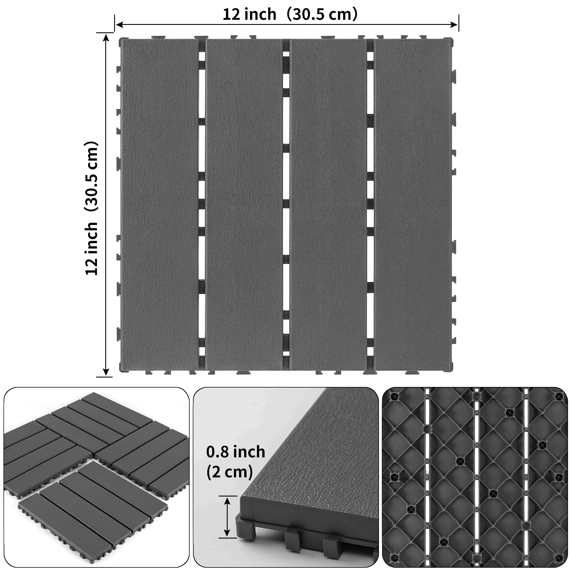 Plastic Interlocking Deck Tiles 44 Pack 12x12 Square Waterproof Outdoor Dark Grey