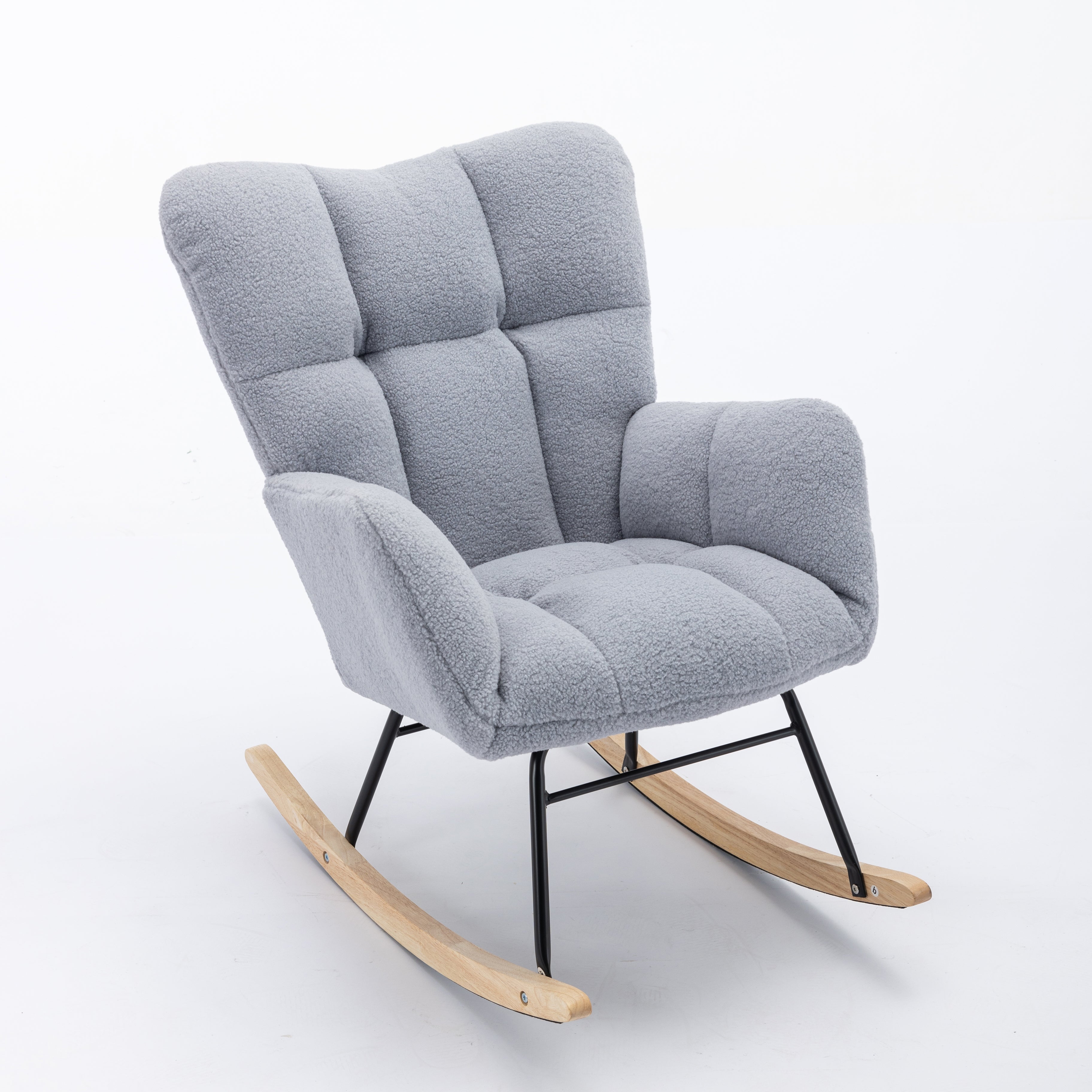 Mid century modern rocking chair with tufted cover and padded seat, light grey