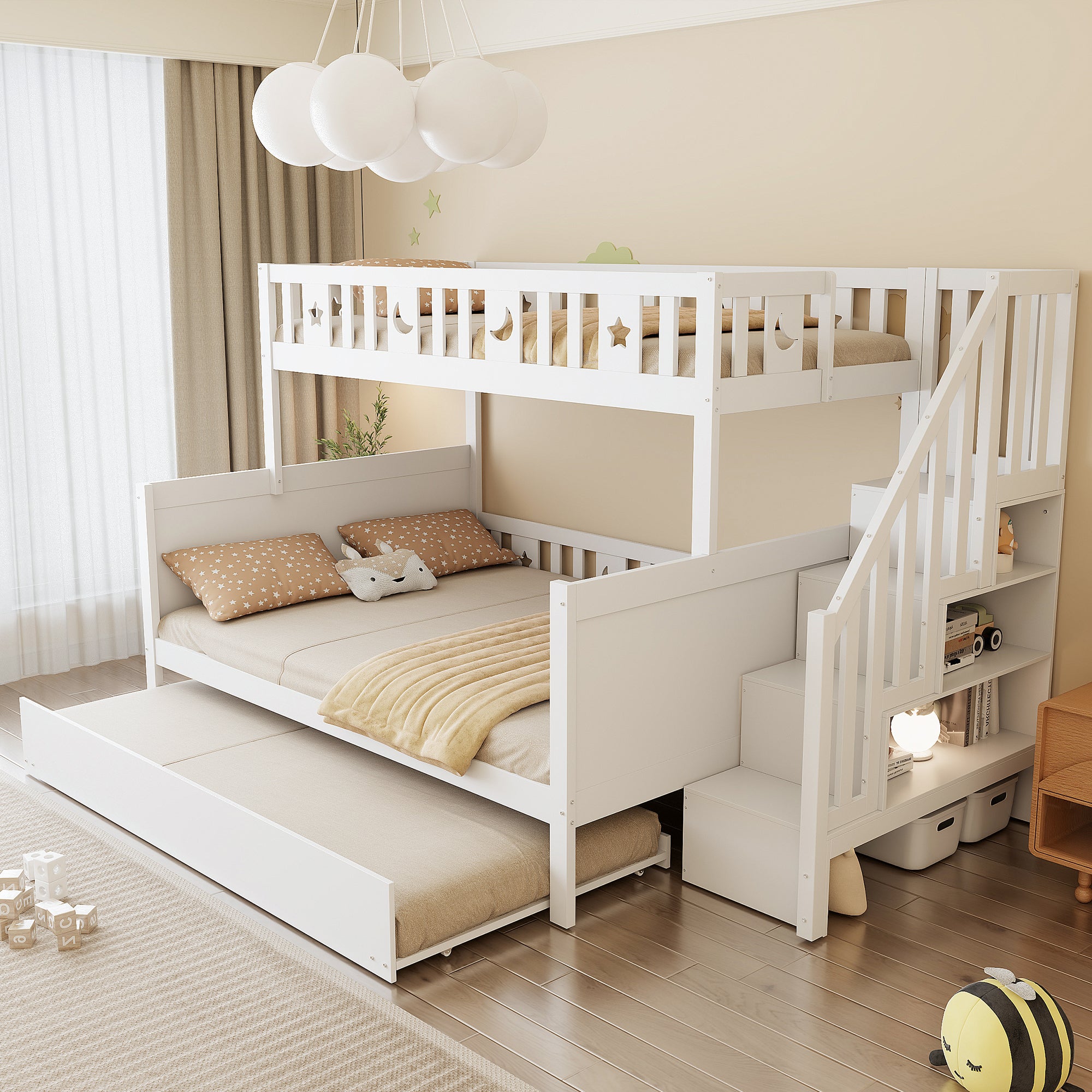Children's Bunk Bed 90x200/140x200cm Safety Stairs Rollaway Bed Slatted Base, Solid Wood White