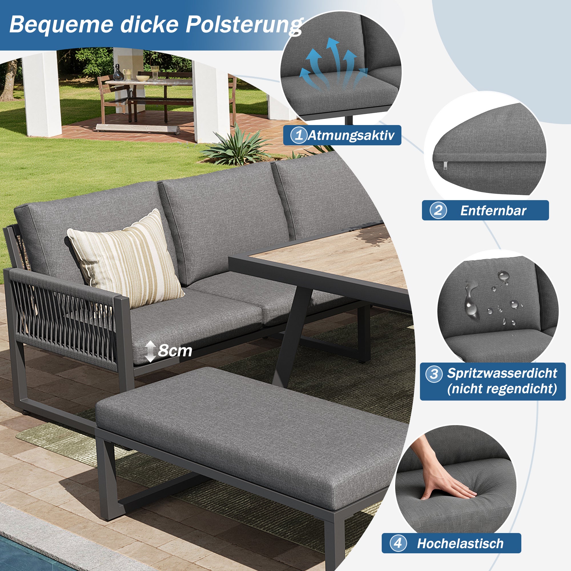 6-7 Seater Garden Lounge Set with Dining Table and Weatherproof Cushions, Gray