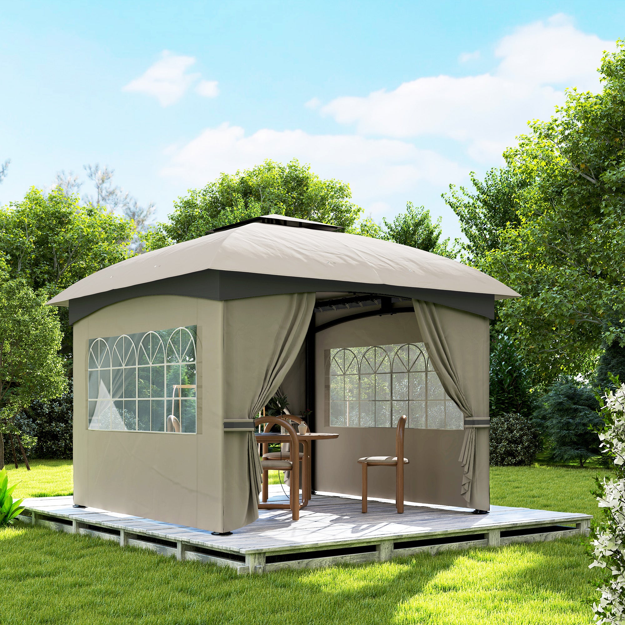 Pavilion 3.4x3.4m Double Roof, 4 Side Panels, Water-Repellent, UV Protection Galvanized Metal Frame, Light Grey