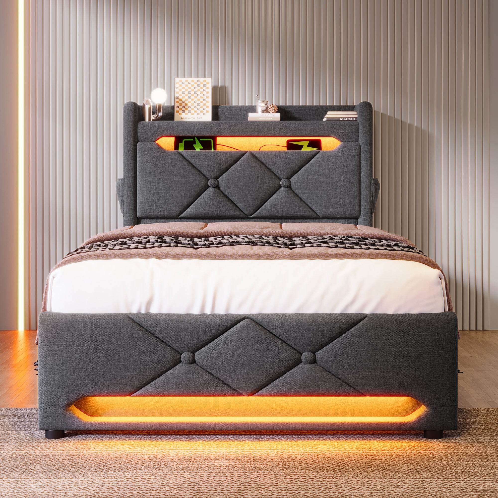 Upholstered Single Bed, 90x200, USB & Type-C Port, 360 LED, Hydraulic Storage, Gray Linen