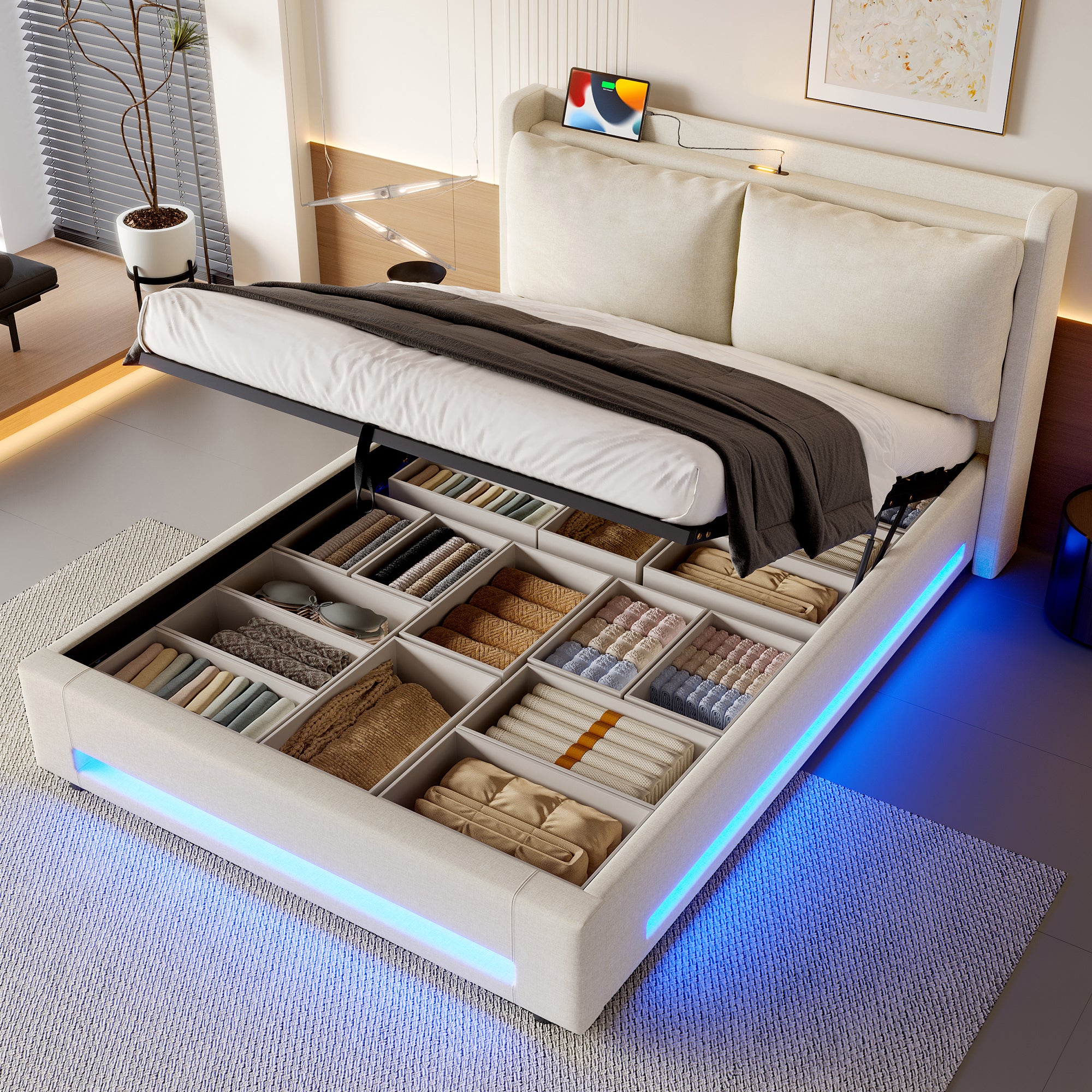 Modern Upholstered Bed with Storage, USB-C, LED, Hydraulic Lift, Velvet