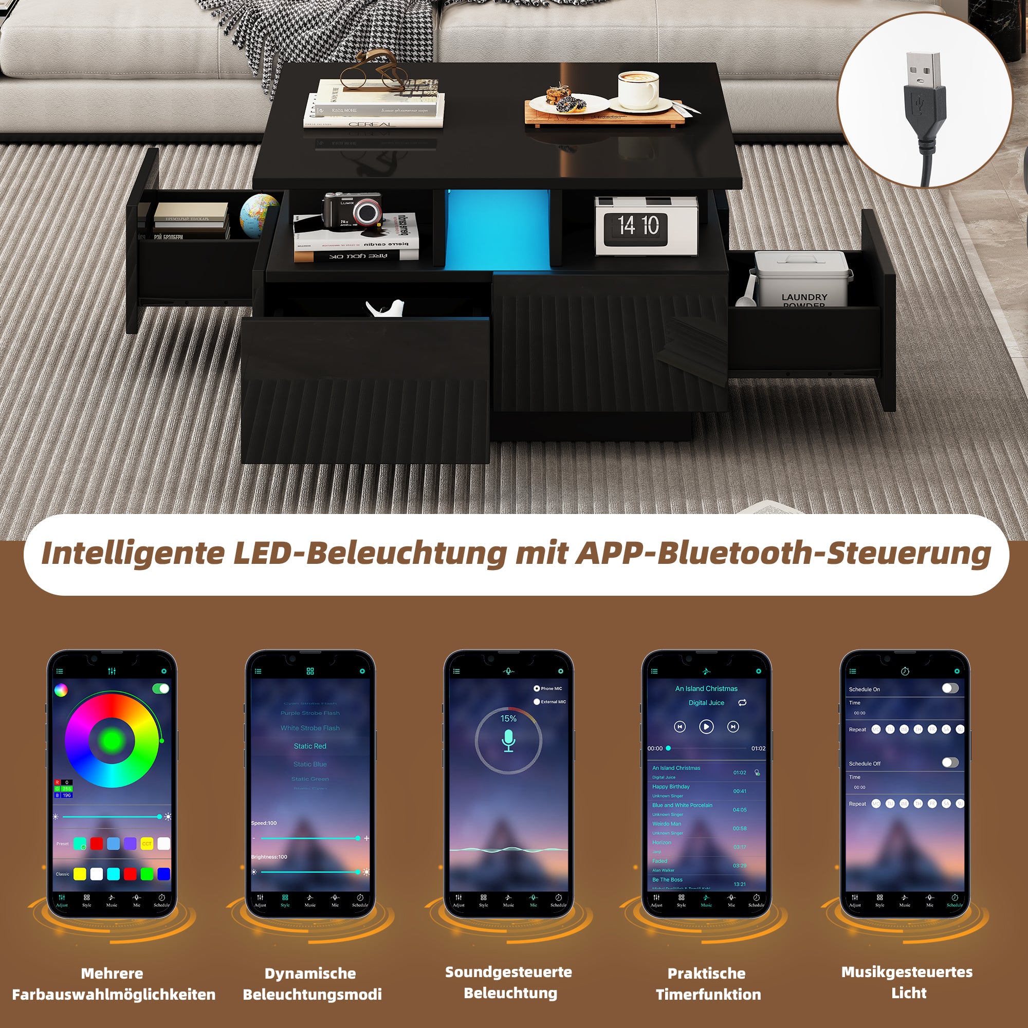 Coffee Table, High-Gloss LED with 4 Drawers, Geometric Design, Black