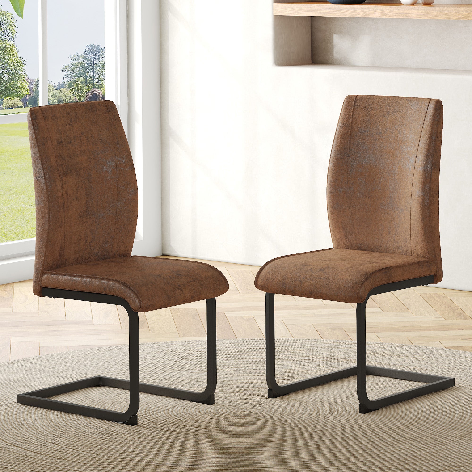 Dining Chairs Set 2-Piece Ergonomic Comfortable Design Brown Faux Leather