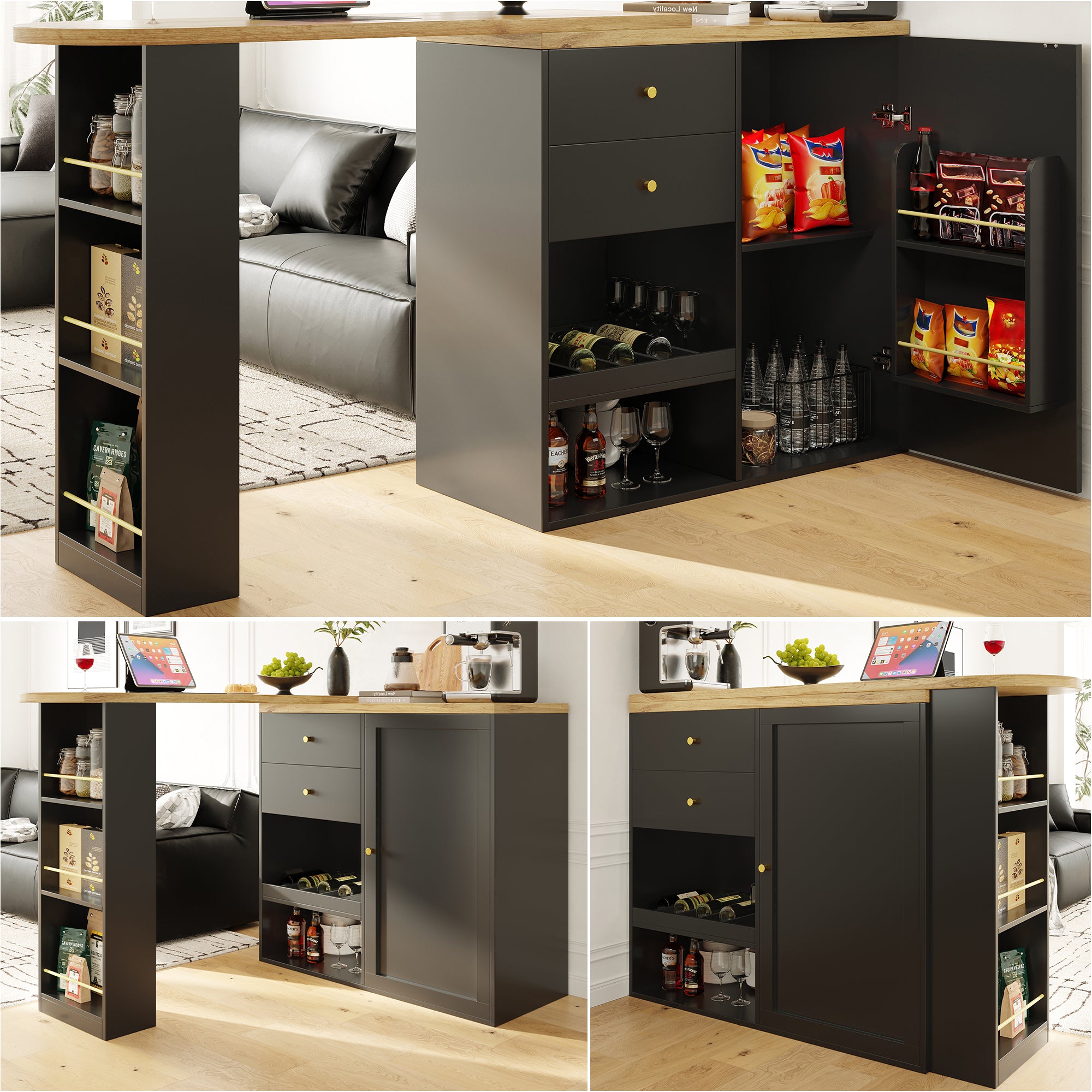 Rotating Bar Table Multifunctional Storage with 2 Drawers and Sliding Door Cabinet