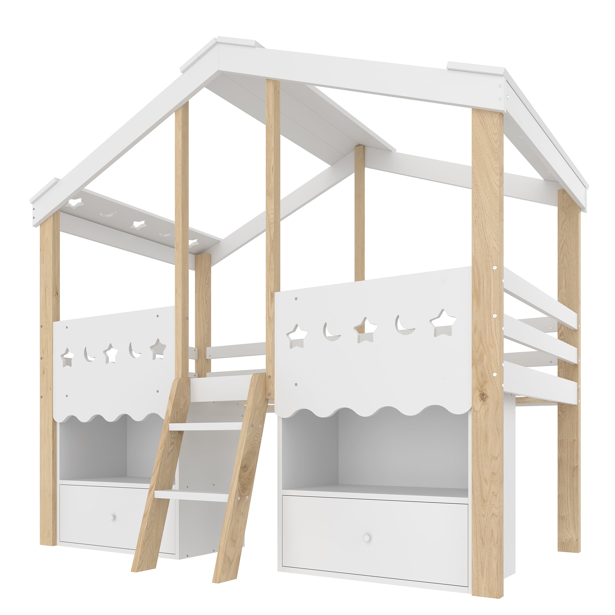 Mid-height Bed 90x200cm House Shape 2 Drawers LED Light - White/Natural