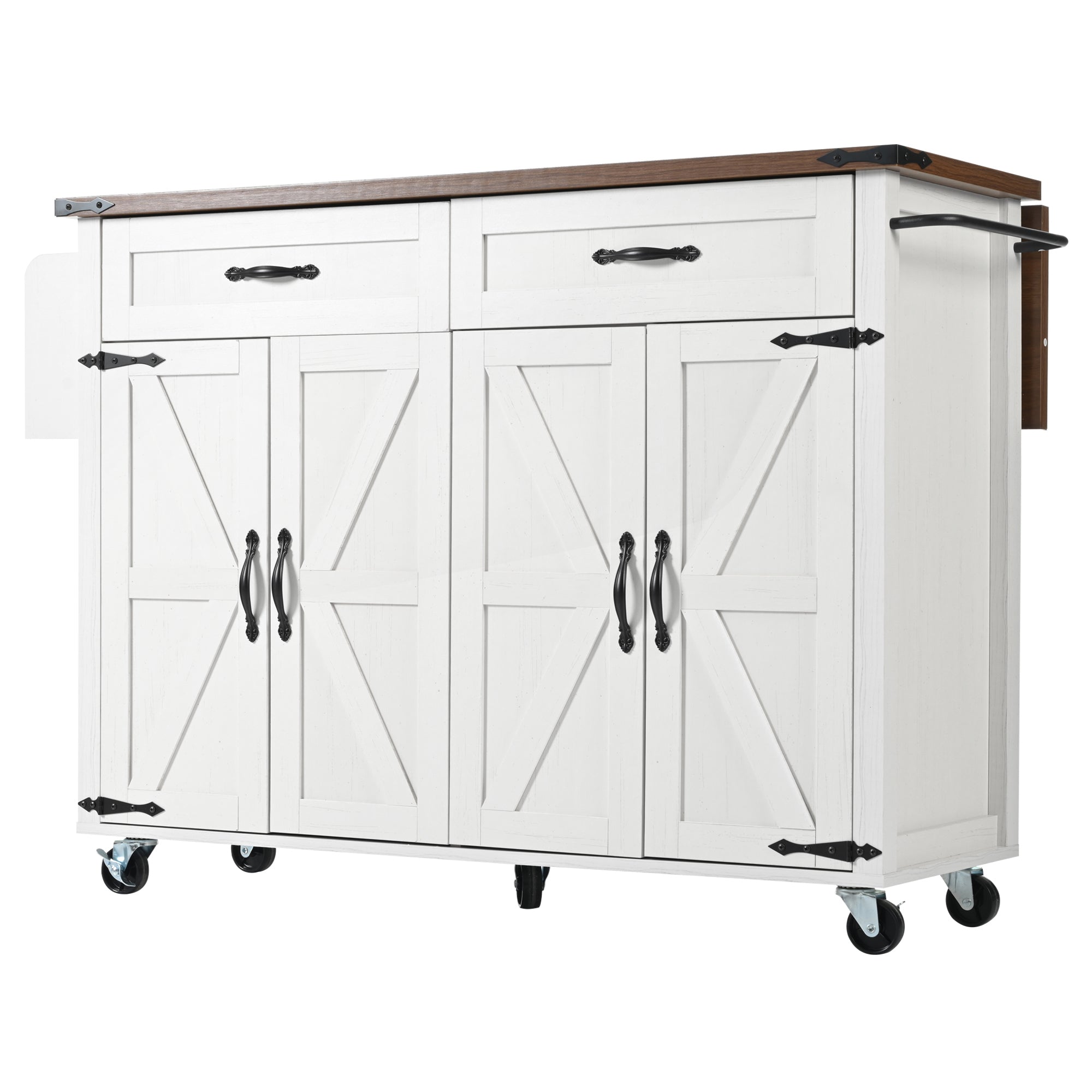 Kitchen Island Serving Trolley, Pull-Out Worktop Storage with 4 Doors and 2 Drawers, Wood Grain