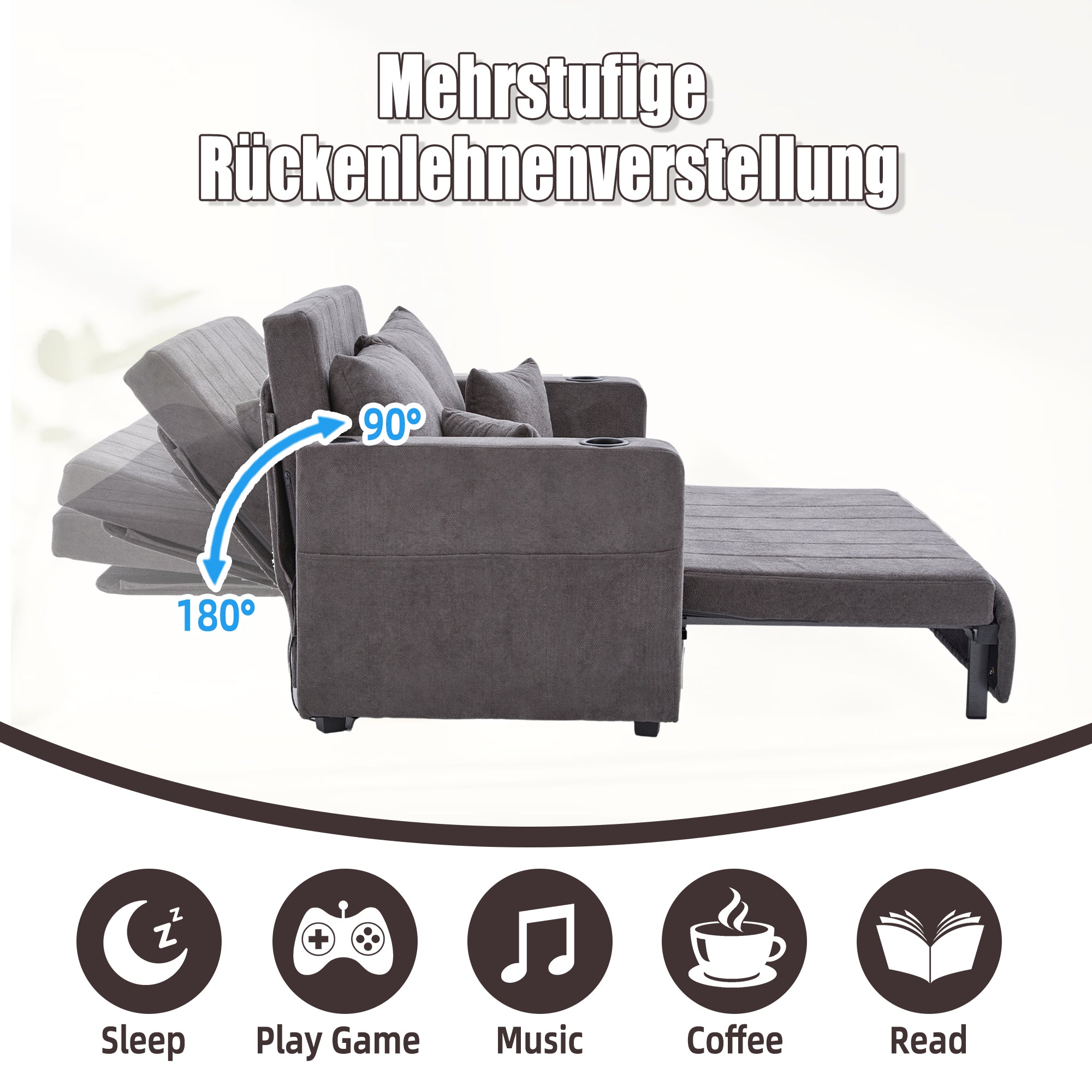Chair, Multifunctional Folding Pull-Out Sofa with Storage, USB Charging, Cup Holder, Fabric
